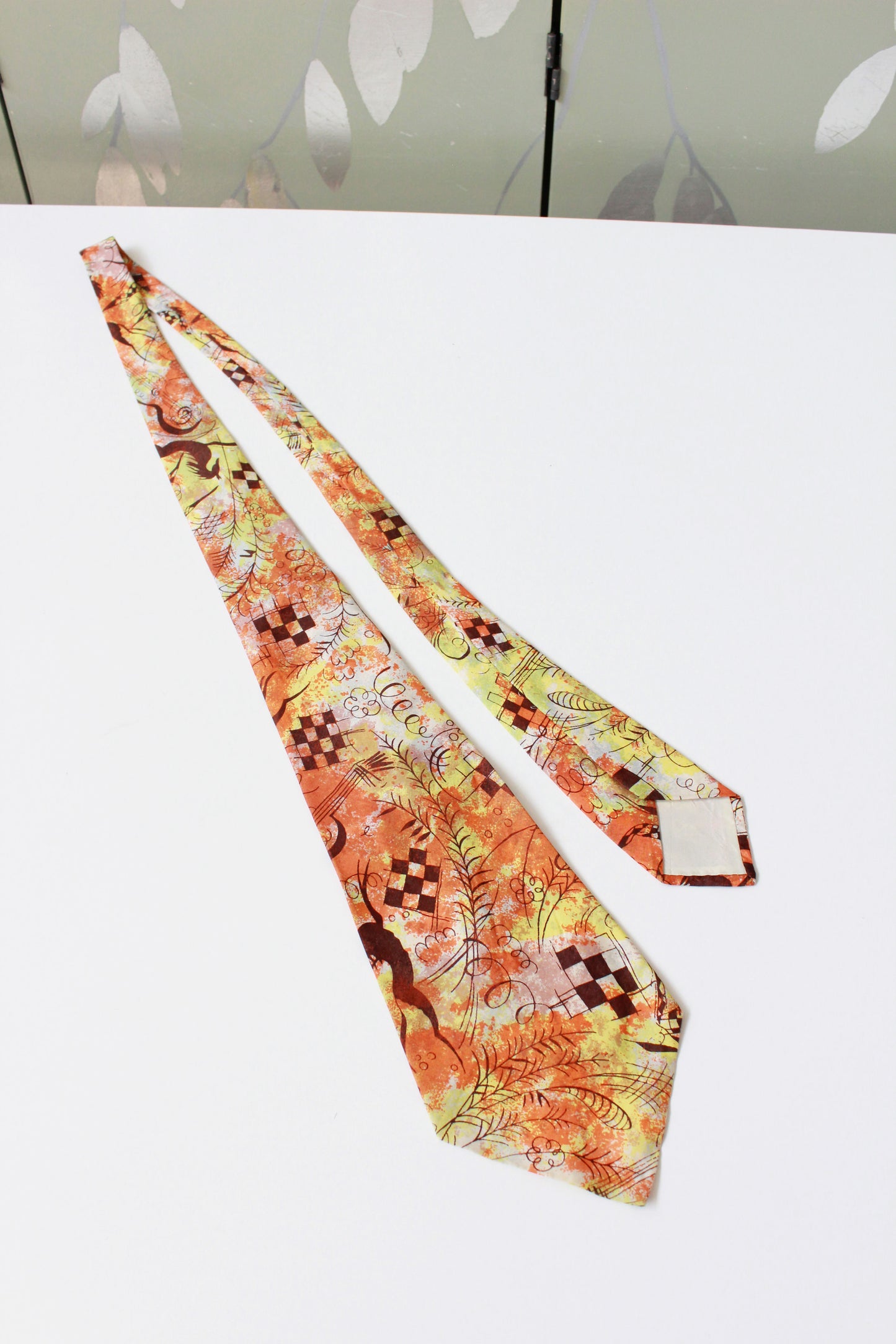 Vintage 1950s Abstract Yellow And Orange Rayon Tie With Vines