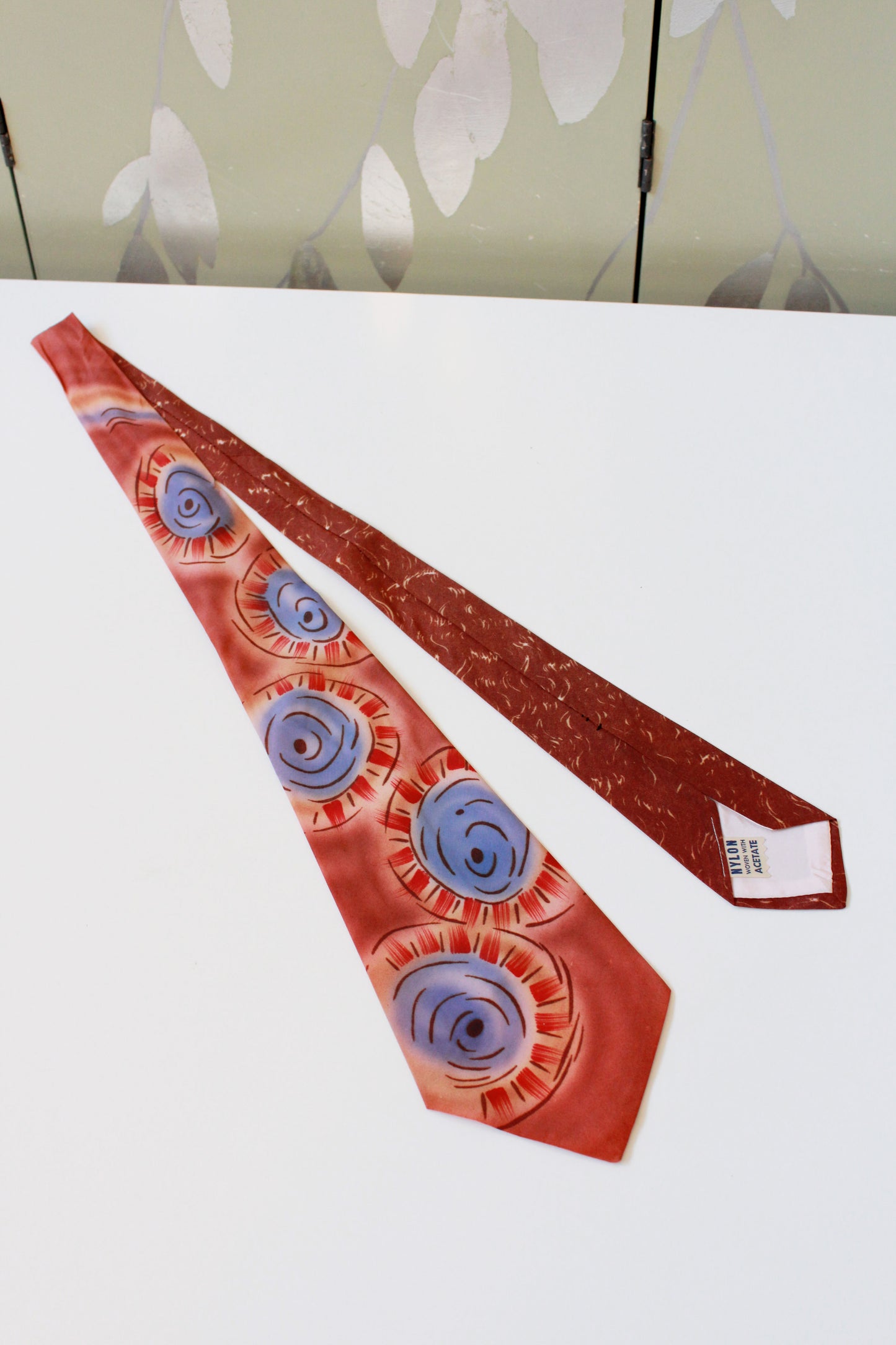 Vintage 1950s Hand Painted Rust And Blue Circles Rayon Mid Century Tie