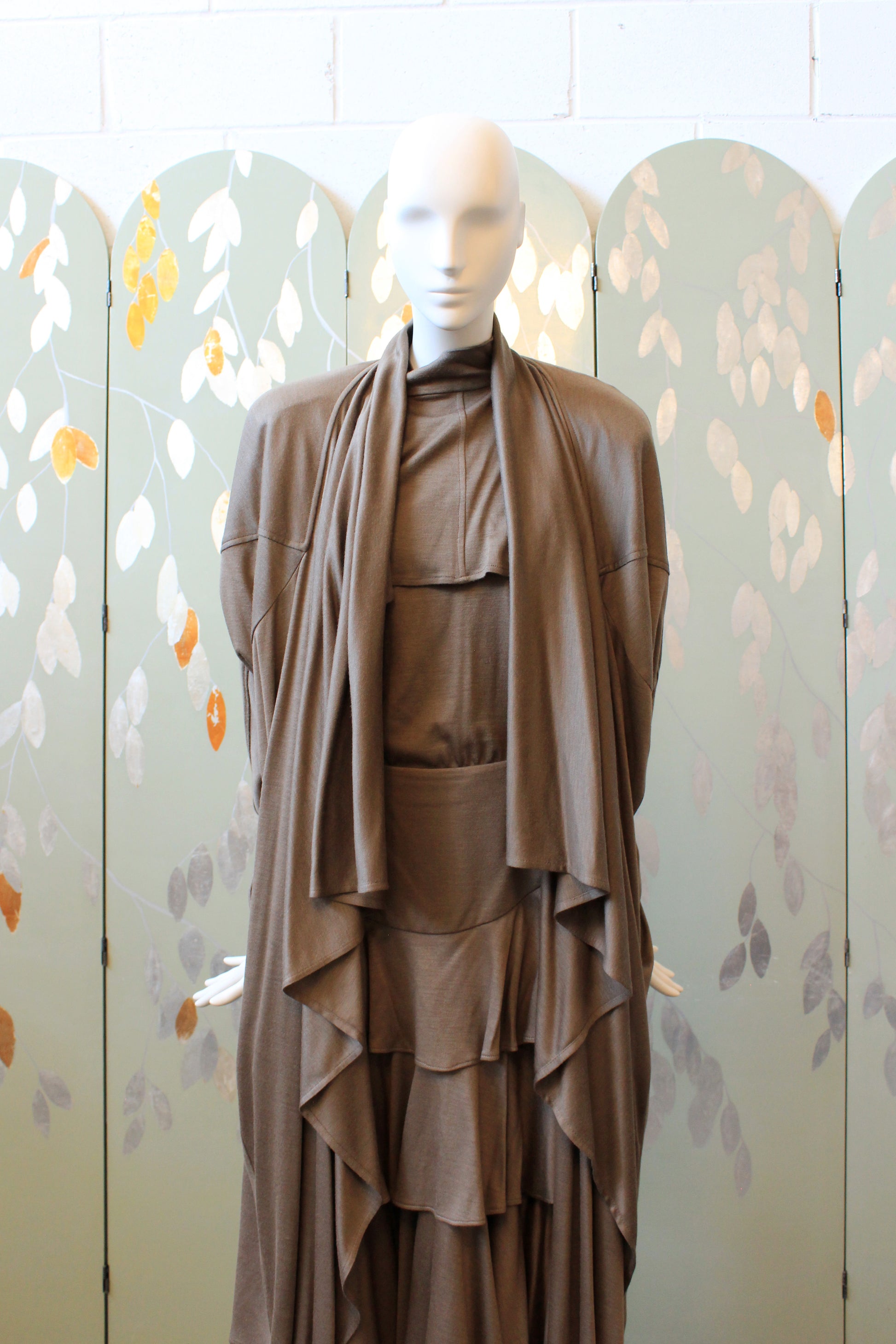 1980s Mariola Mayer Dark Taupe 3PC, Ruffle Skirt/Top/Jacket Matching Set, Small/Medium