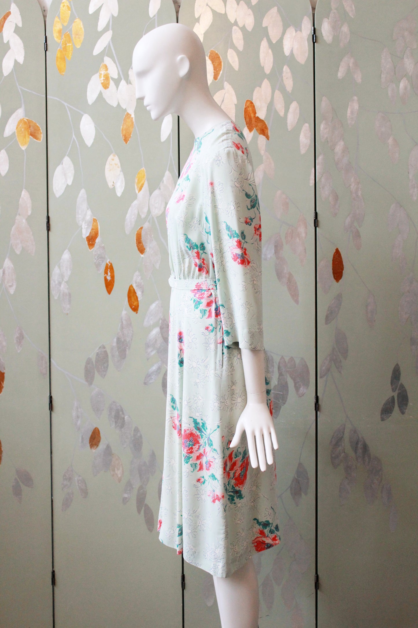 1940s  Pastel Teal Rayon Dress With Coral Flowers, Small/Medium 