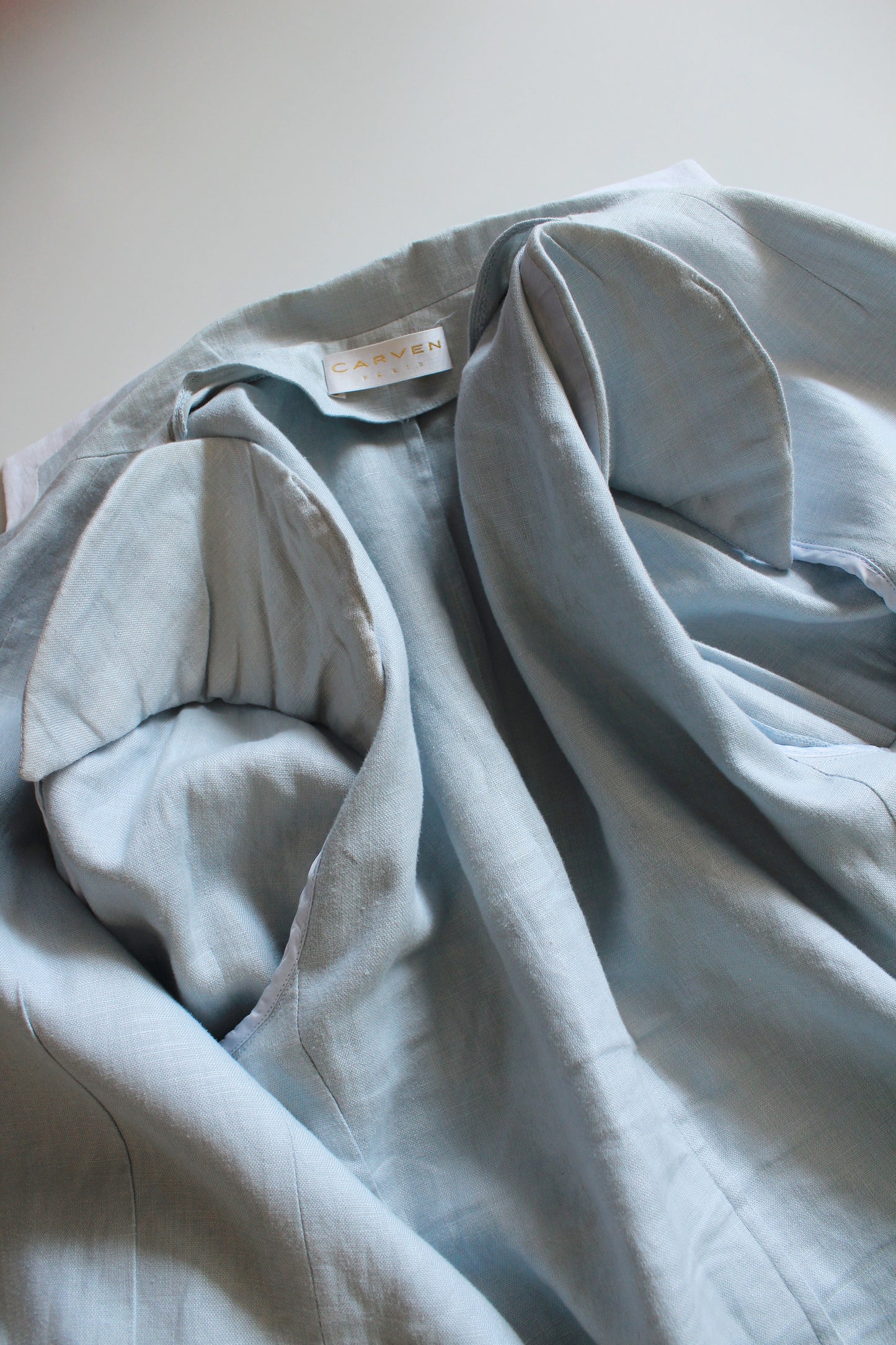 1980s Carven Light Blue With White Trim Linen Designer Blazer, Medium