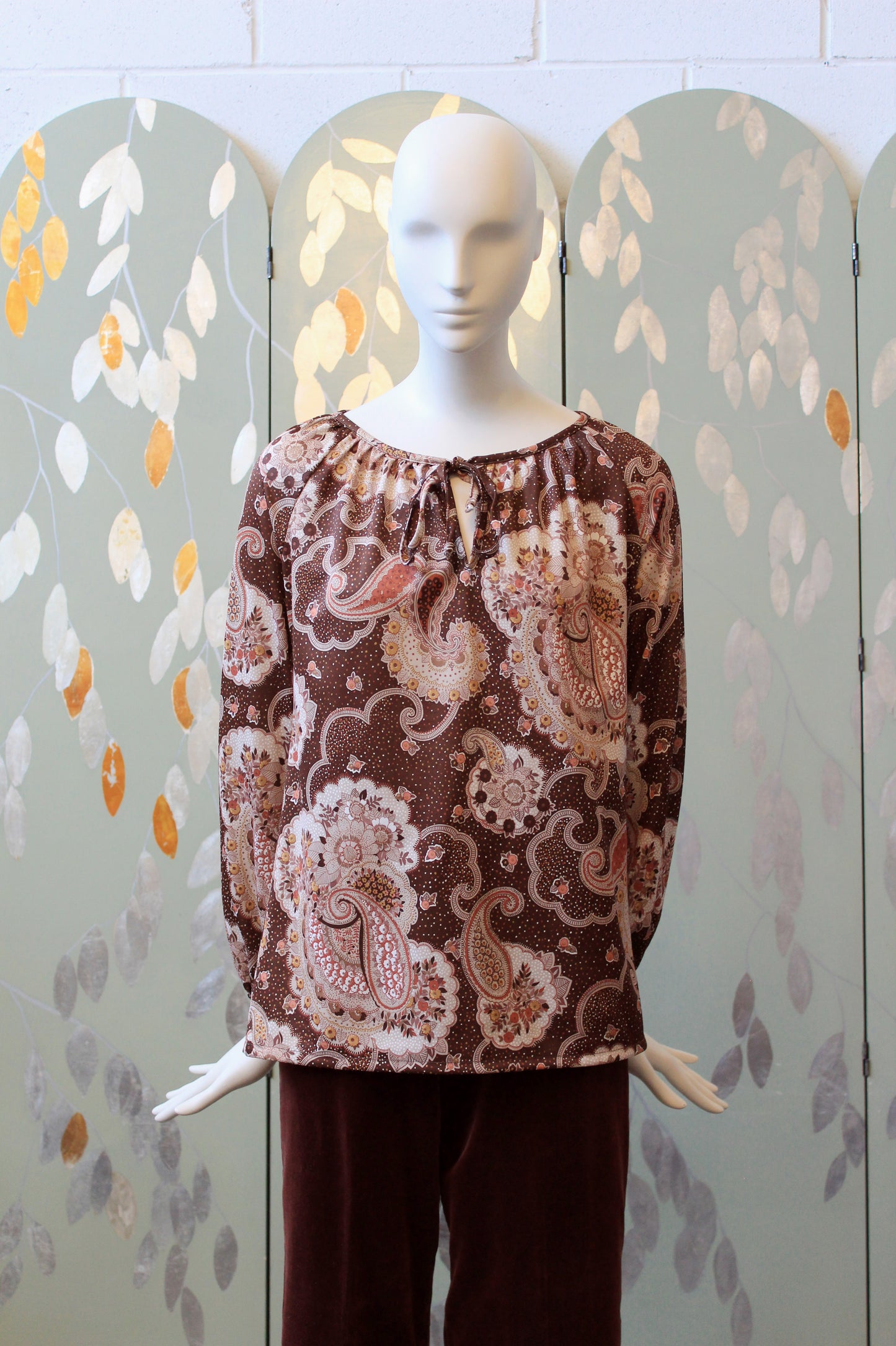 1990s Brown And Blush Paisley Print Long Sleeve Peasant Top, Medium