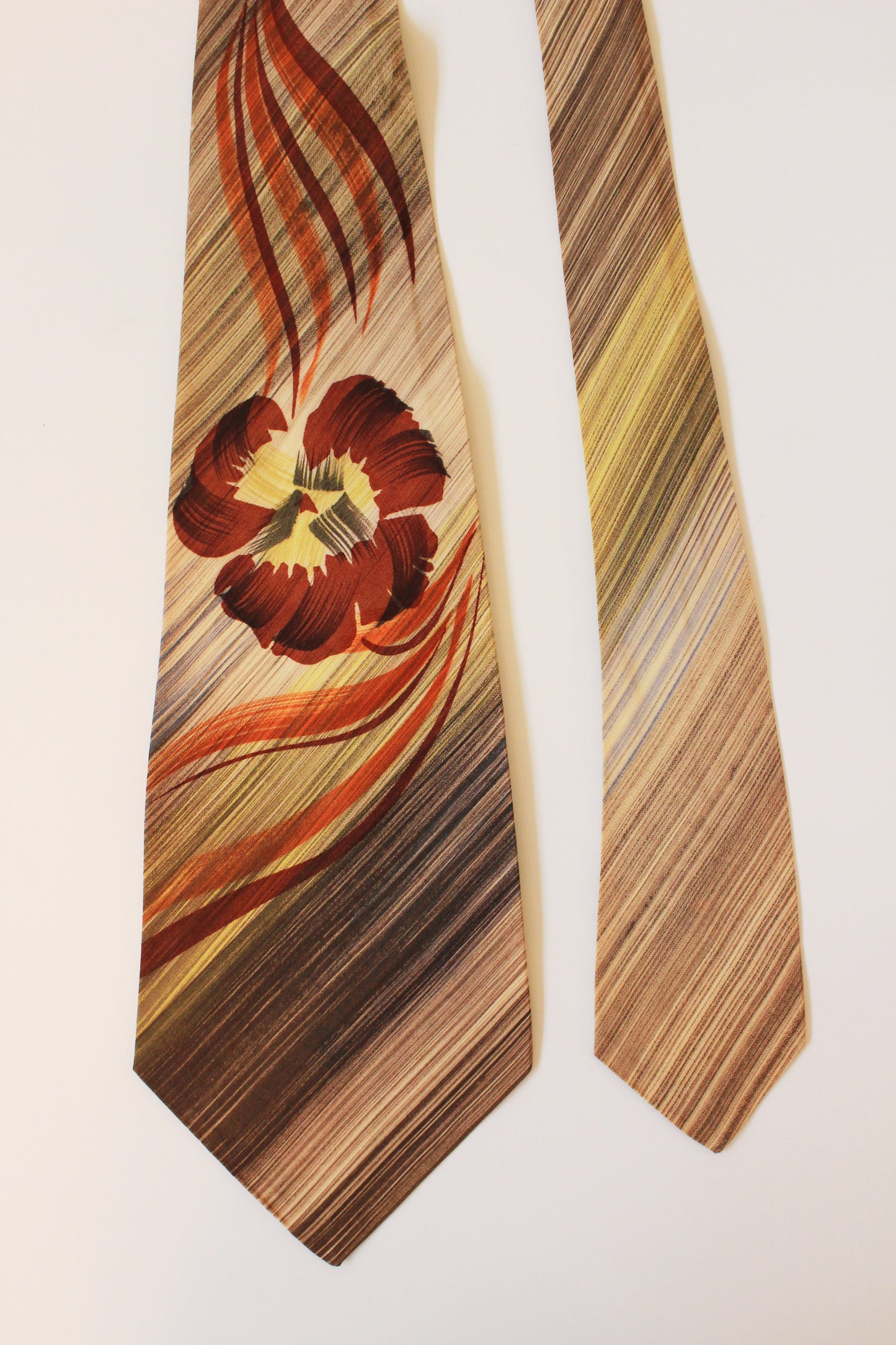 Vintage 1950s Brown And Orange Tropical Flower Hand-Painted Tie