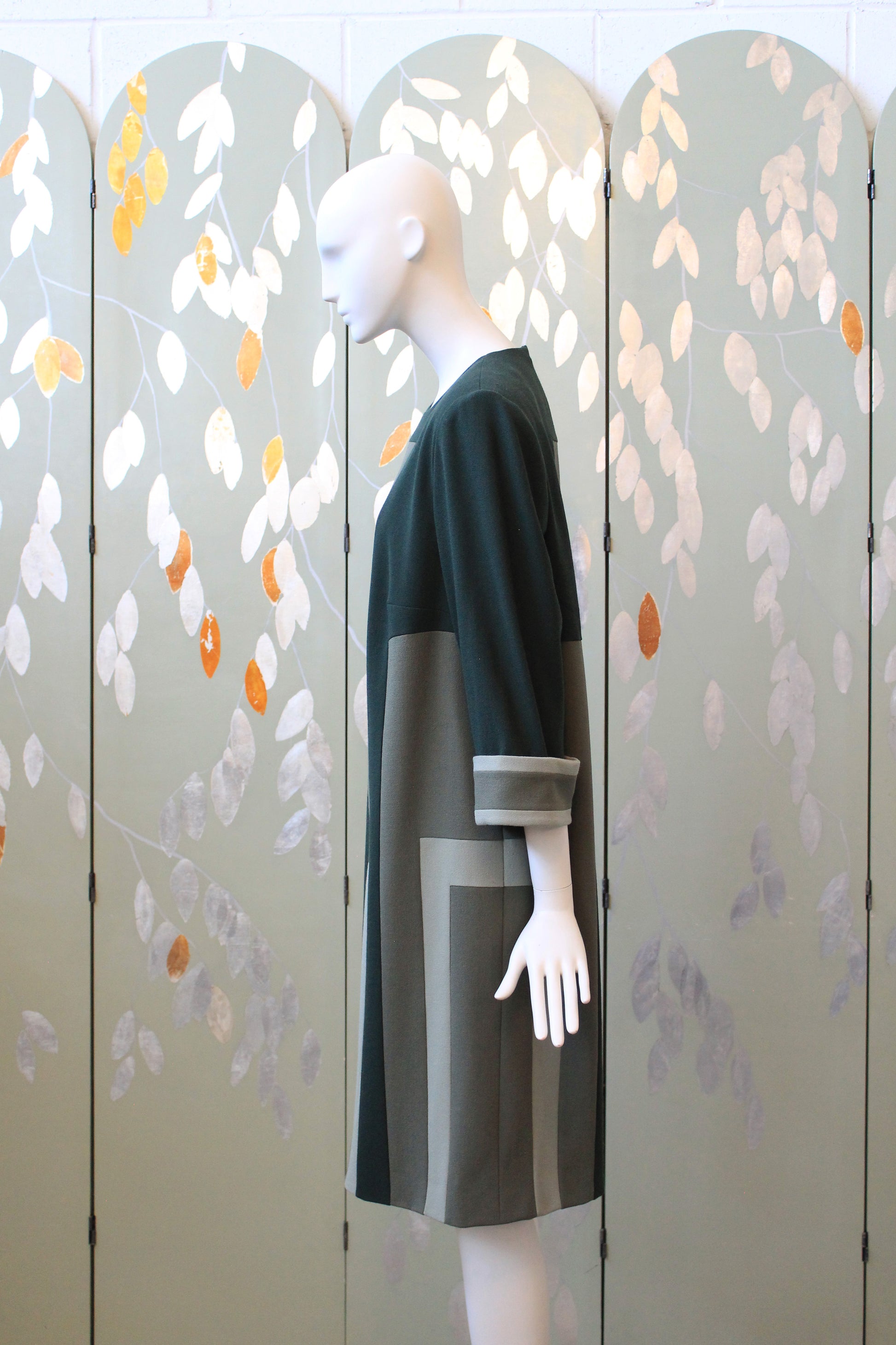 1980s Olive Green And Black Geometric Shift Dress, Medium