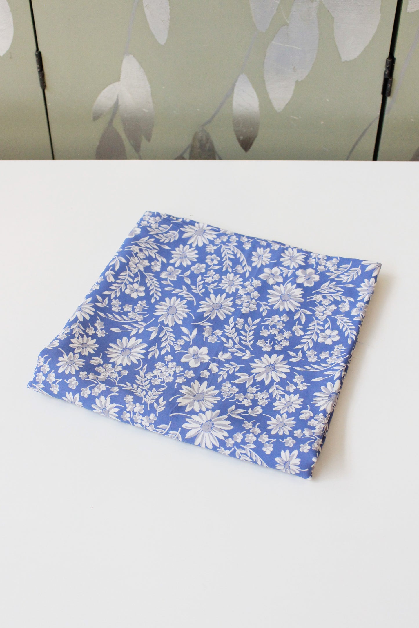 1940s Medium Blue And White Floral Rayon Fabric, 3 Yards