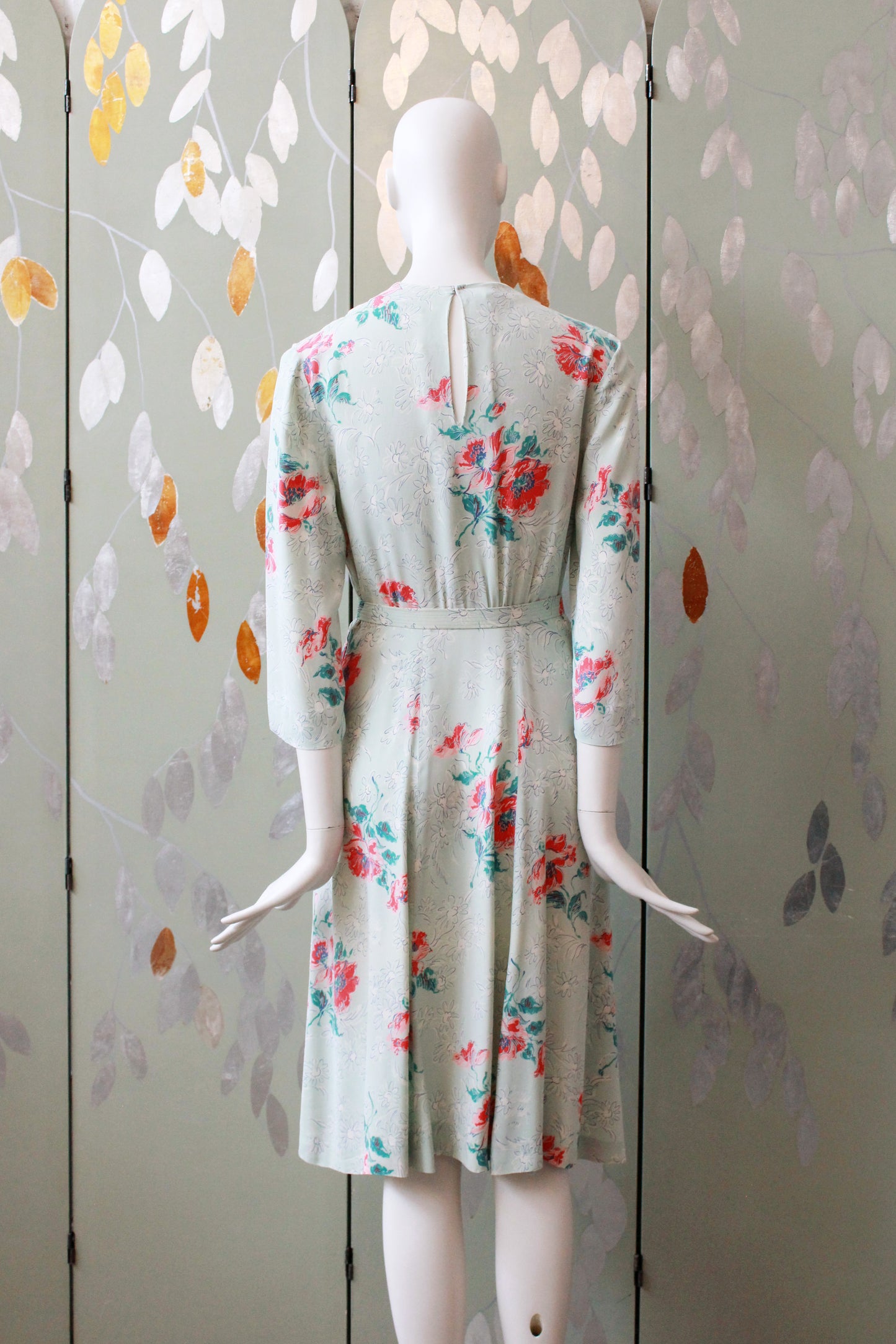 1940s  Pastel Teal Rayon Dress With Coral Flowers, Small/Medium 