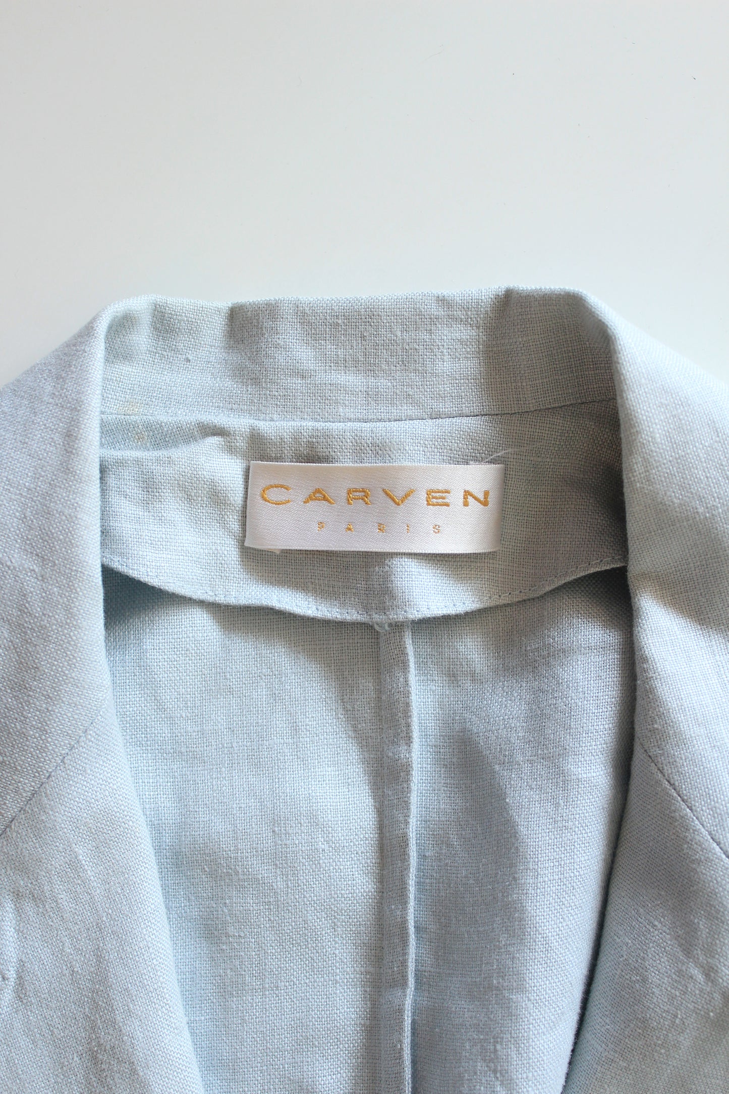 1980s Carven Light Blue With White Trim Linen Designer Blazer, Medium