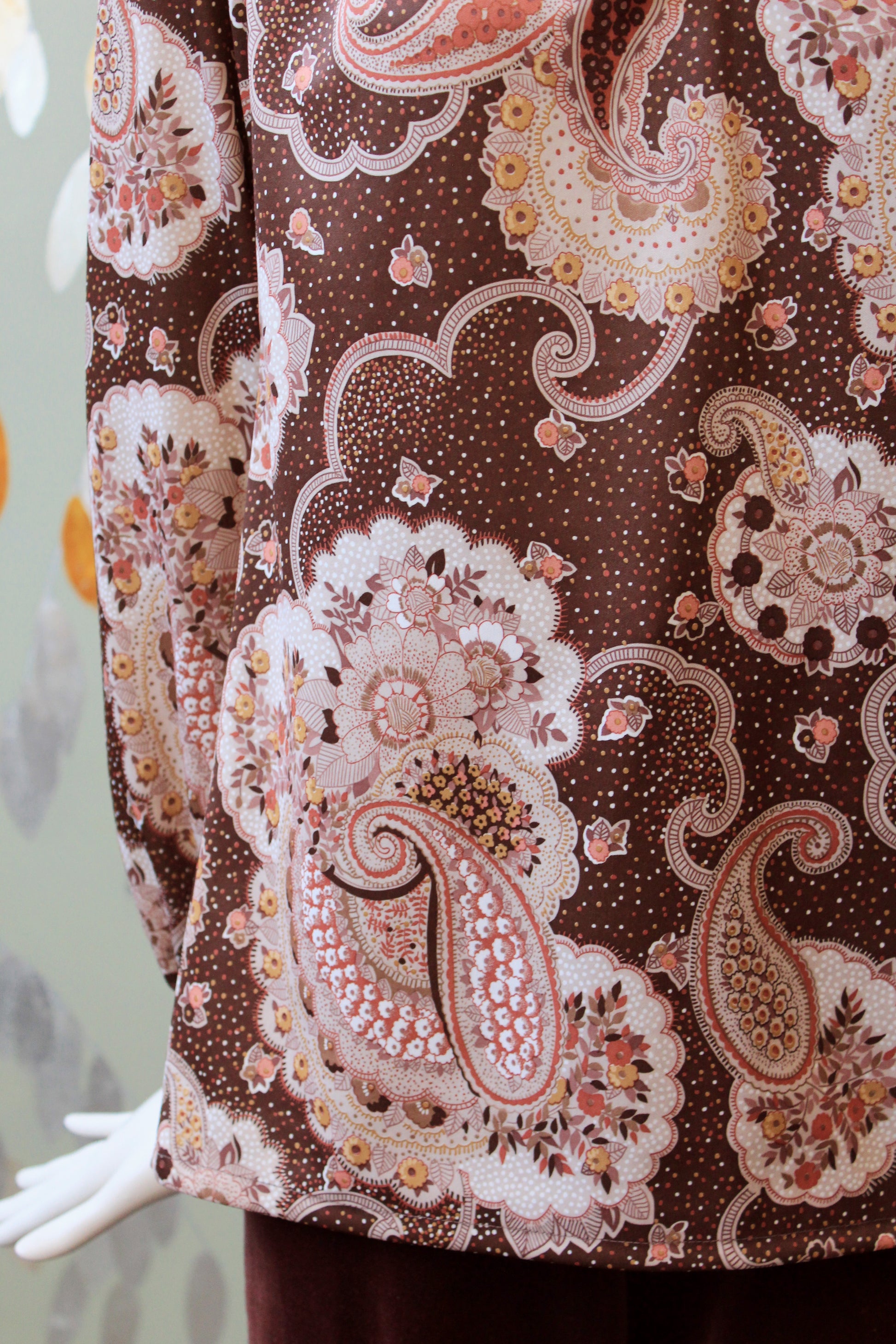 1990s Brown And Blush Paisley Print Long Sleeve Peasant Top, Medium