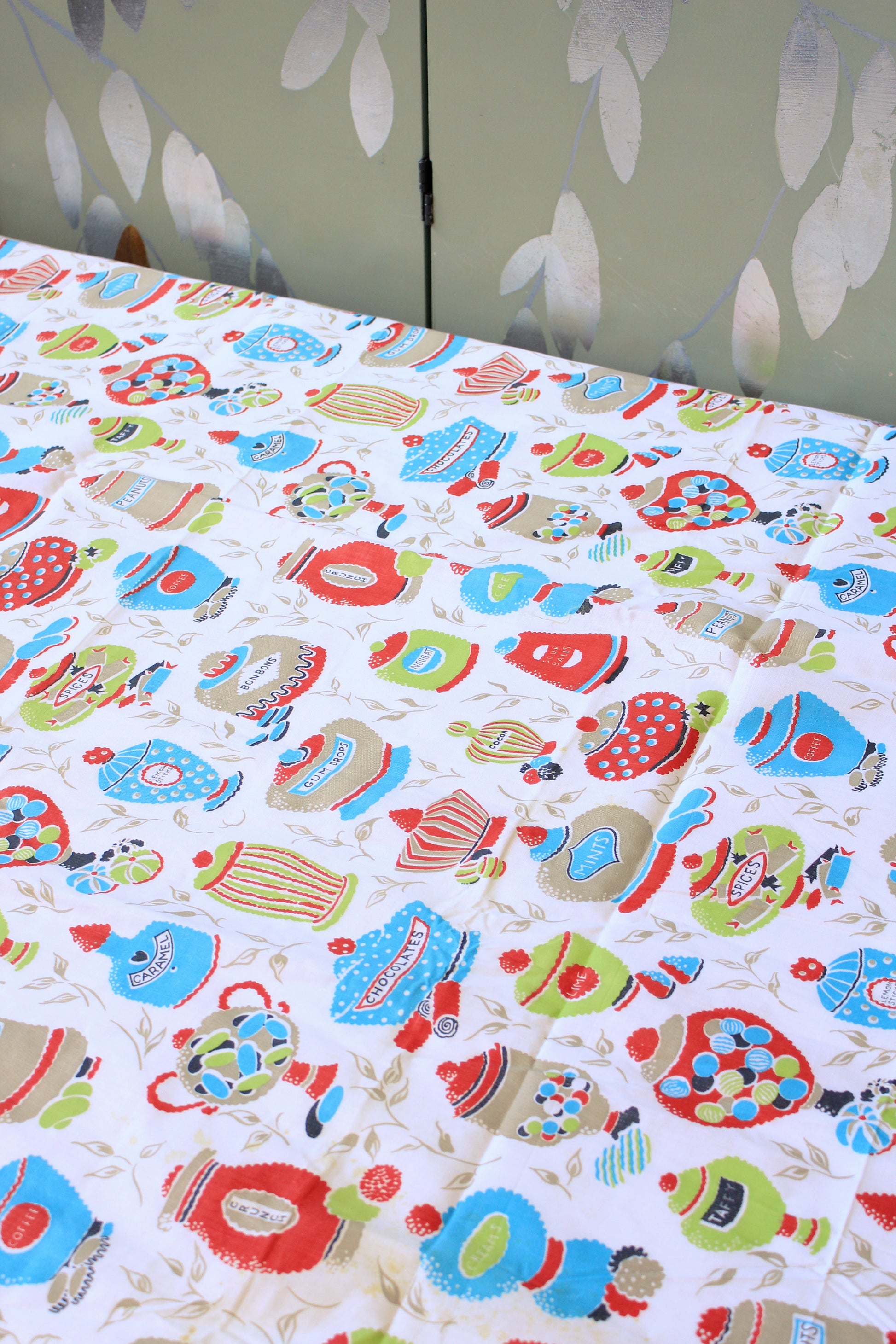 1960s Novelty Print Candy Store Jars In Red/Green/Teal Cotton Sewing Fabric, 7.9 Yards