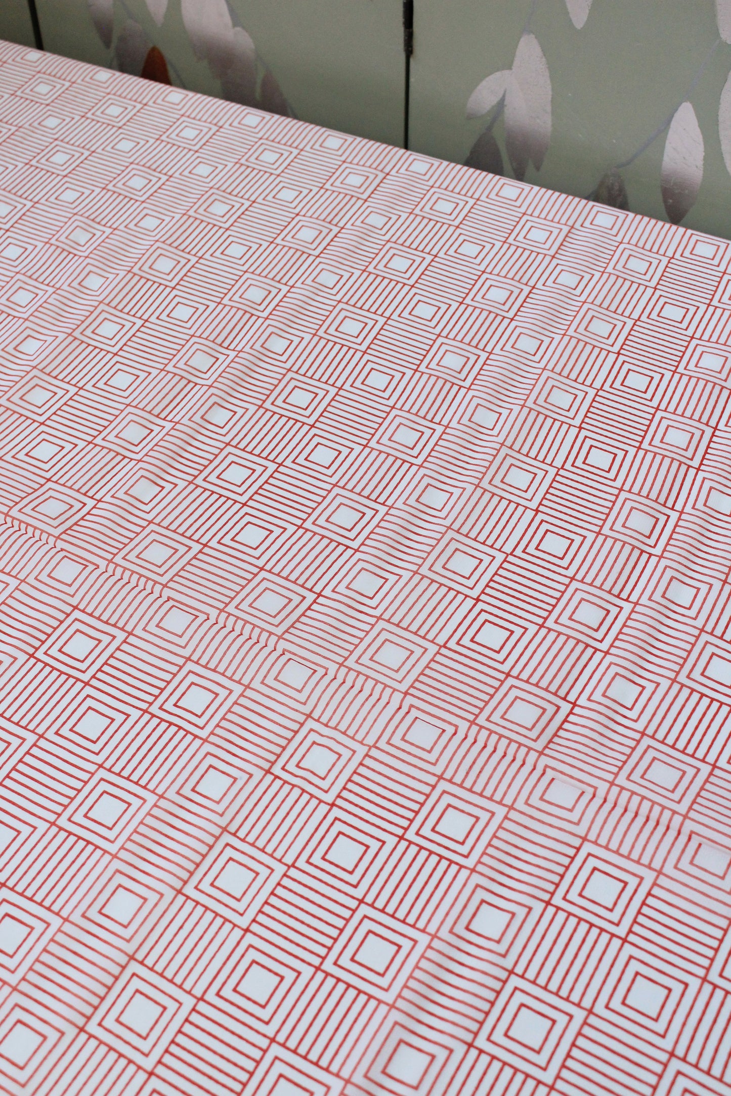 1920s White And Red Geometric Square Print Fabric, 4.4 Yards
