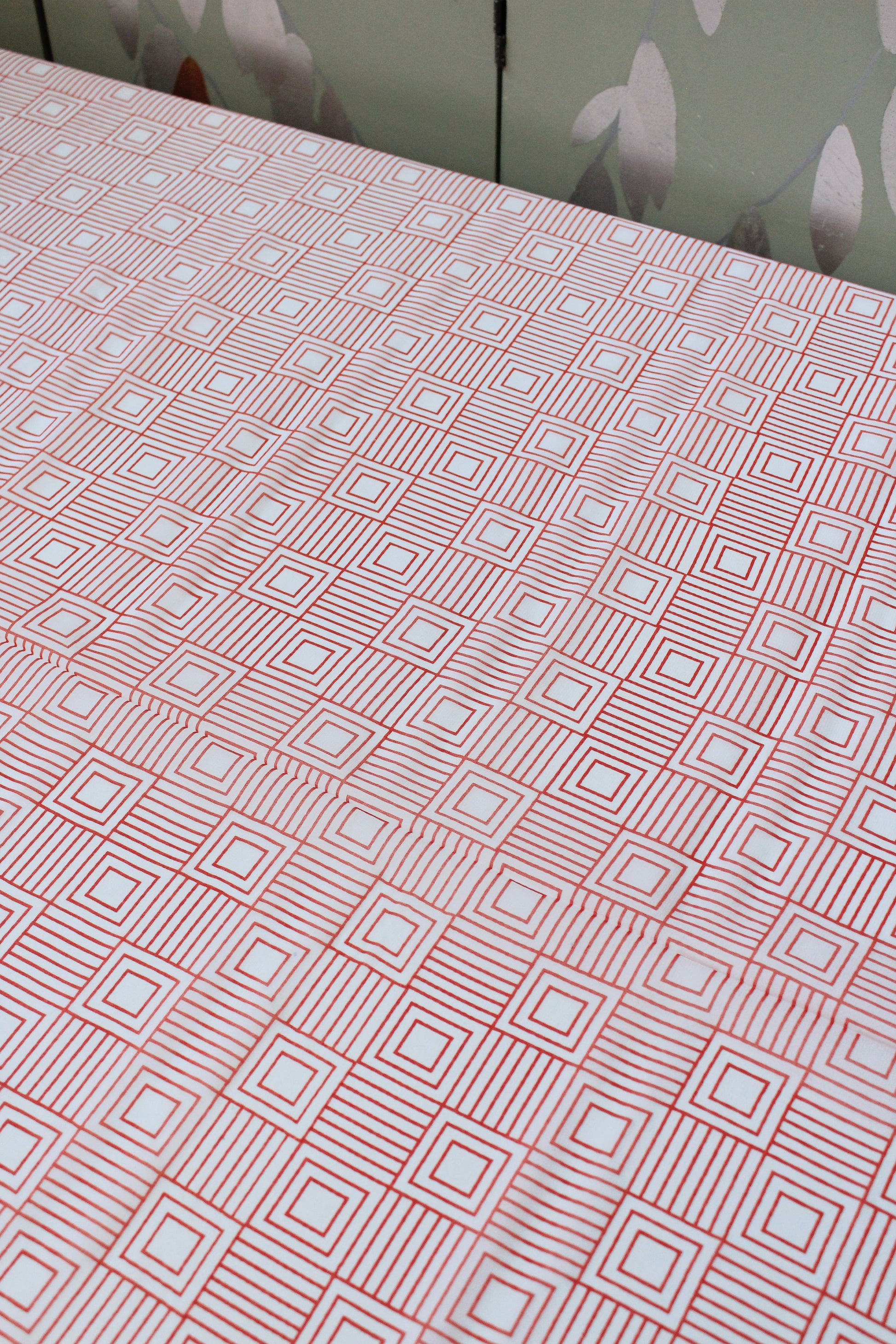 1920s White And Red Geometric Square Print Fabric, 4.4 Yards