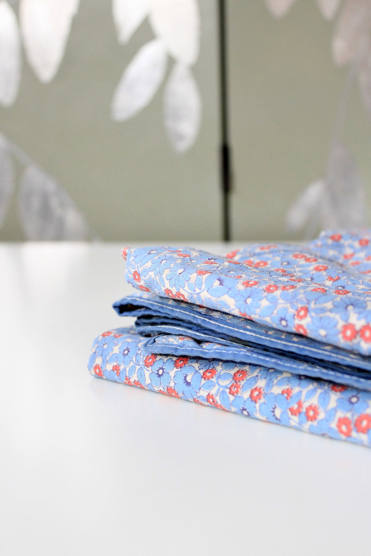 1940s/1950s Light Blue And Red Floral Print Cotton Duvet Cover, 76.5" x 67"