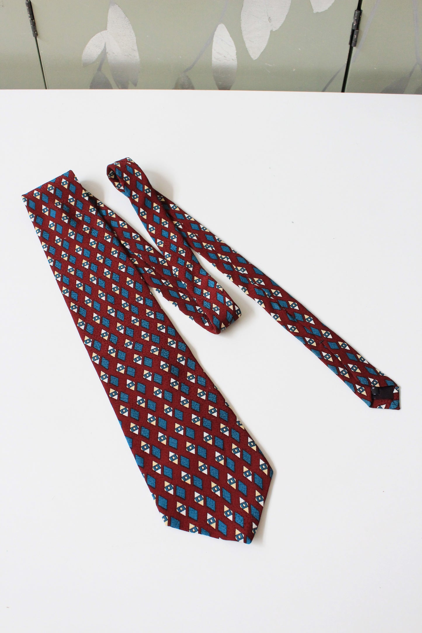 1990s Liberty Of London Burgundy Diamond Silk Designer Tie