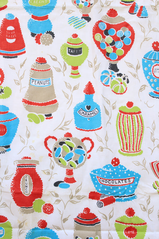 1960s Novelty Print Candy Store Jars In Red/Green/Teal Cotton Sewing Fabric, 7.9 Yards