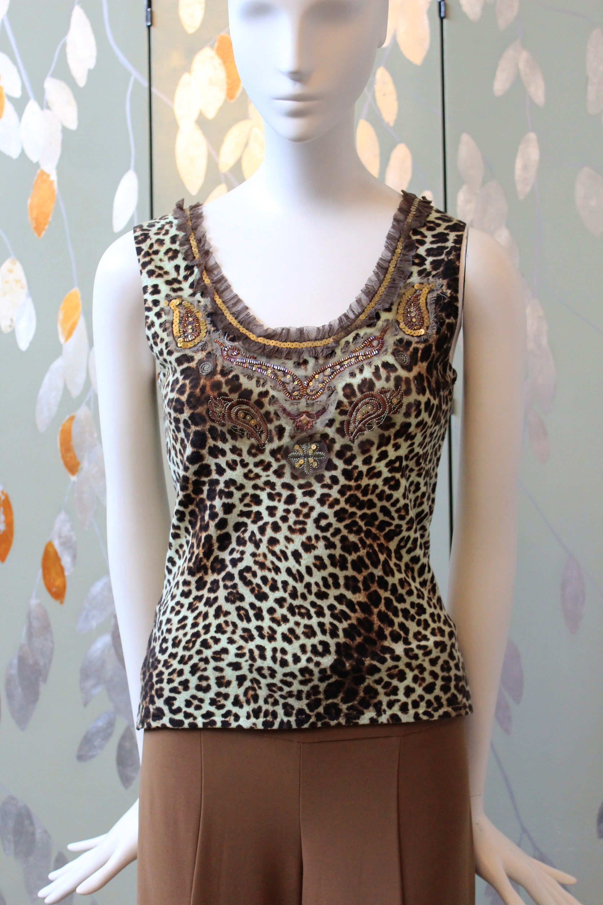 Early 2000s Leopard Print Beaded Tank Top And Cardigan Set, Medium 