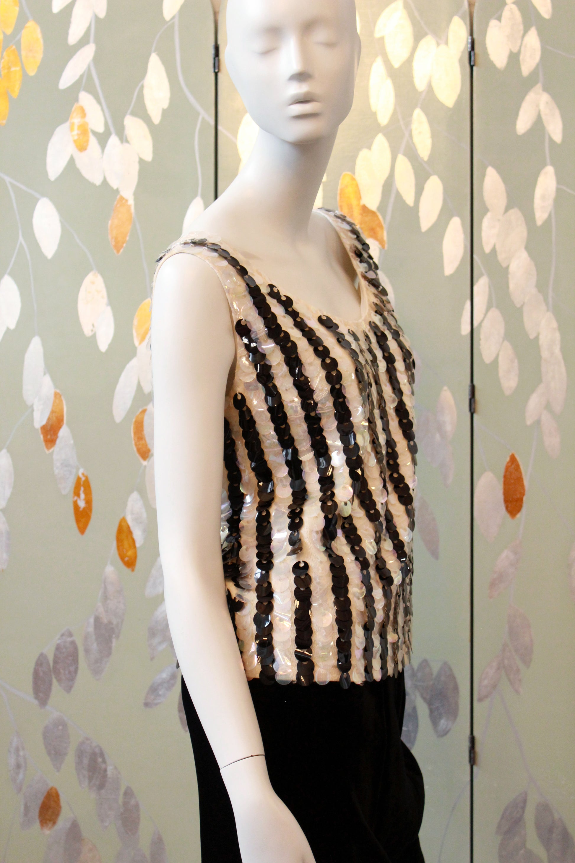 Vintage 1960s Black And White Large Sequin Striped Shimmy Top, Large