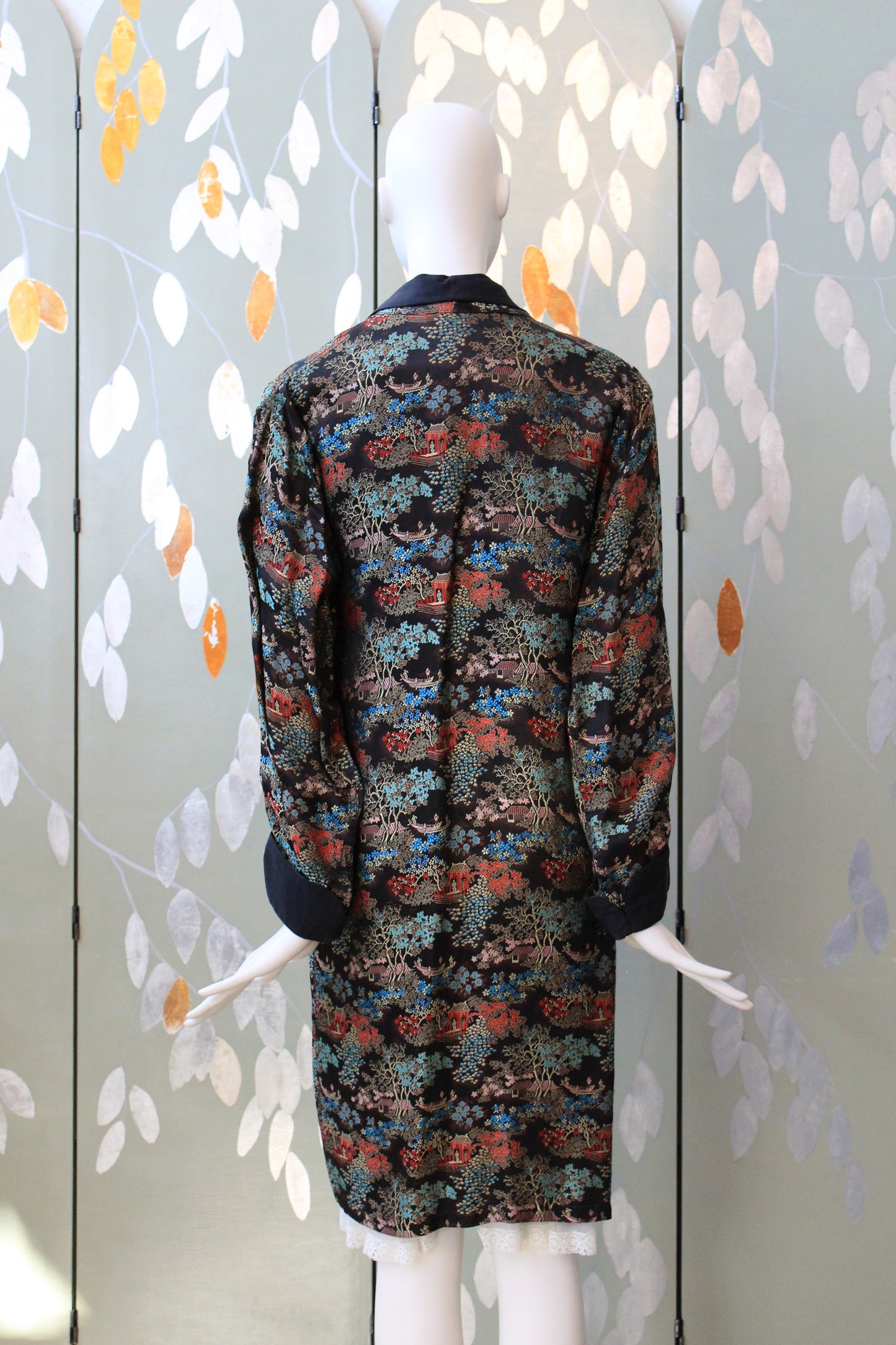 1950s Black Silk Robe With Chinese Flowers Motif, Medium