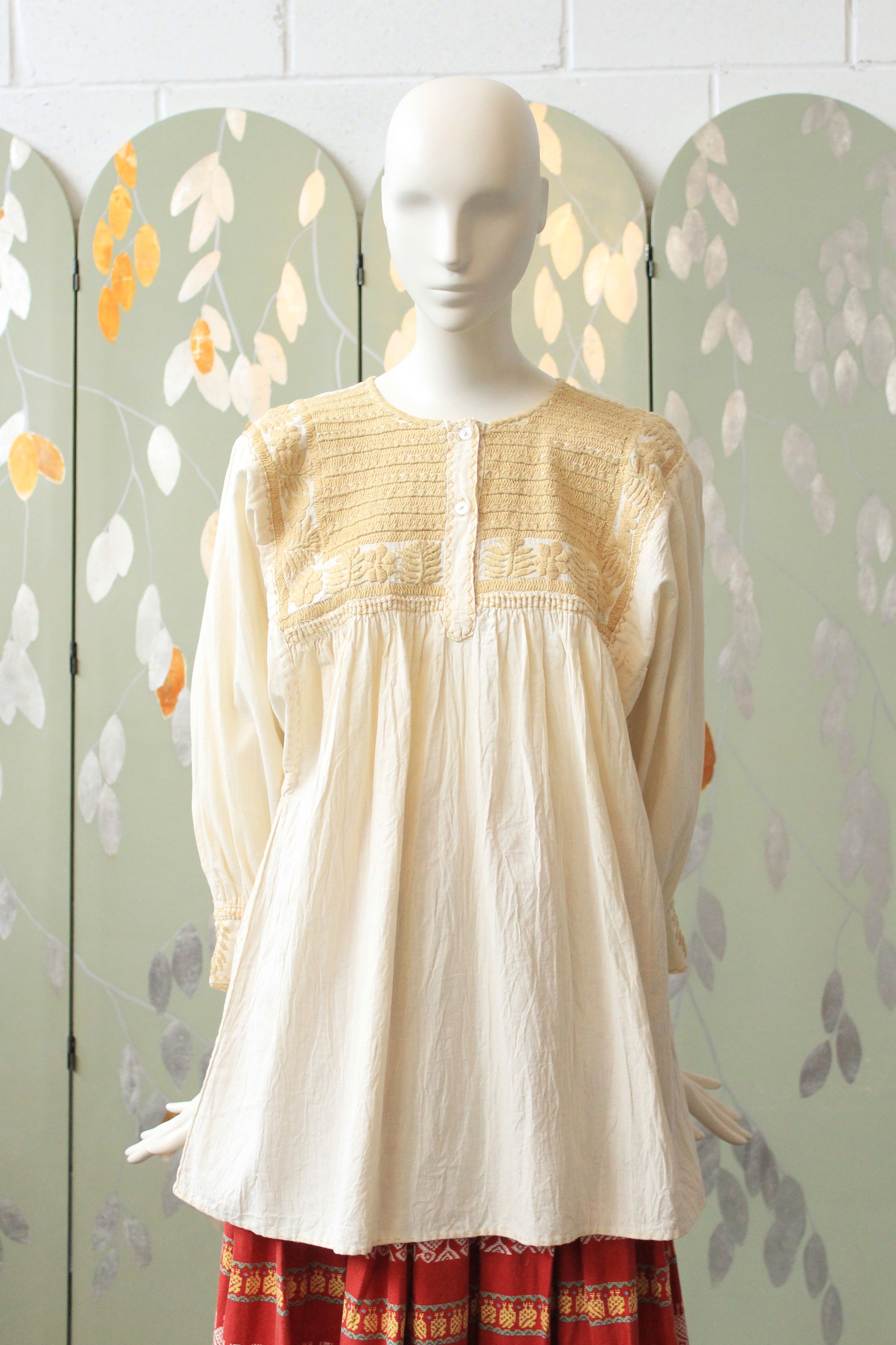 Vintage 1970s Cream And Beige Embroidery Long Sleeve Peasant Top, Larg Ian Drummond Vintage Vintage 1970s Cream And Beige Embroidery Long Sleeve Peasant Top, Larg Ian Drummond Vintage