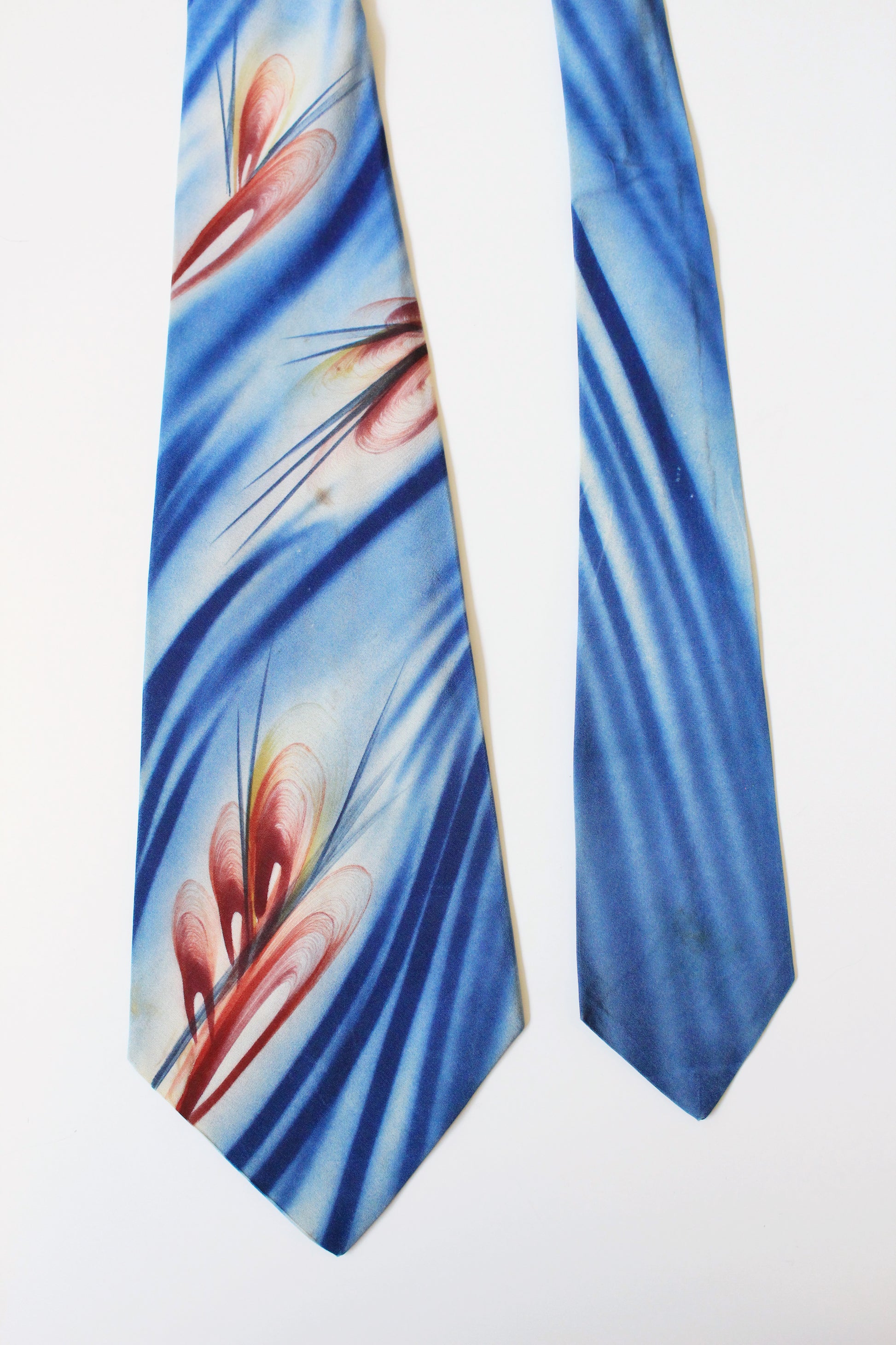 Vintage 1940s Blue And Maroon Pond Plants Hand Painted Tie