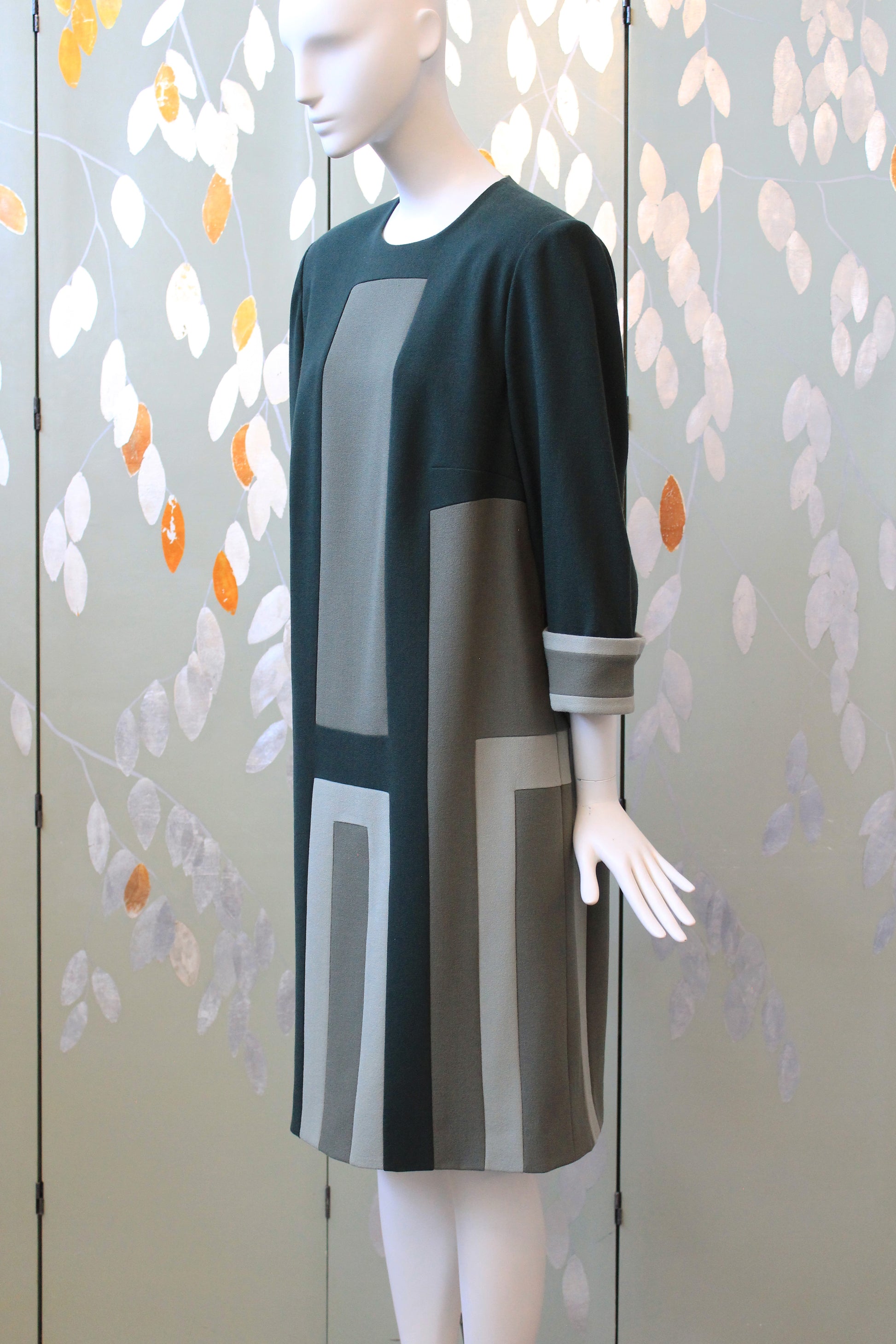 1980s Olive Green And Black Geometric Shift Dress, Medium