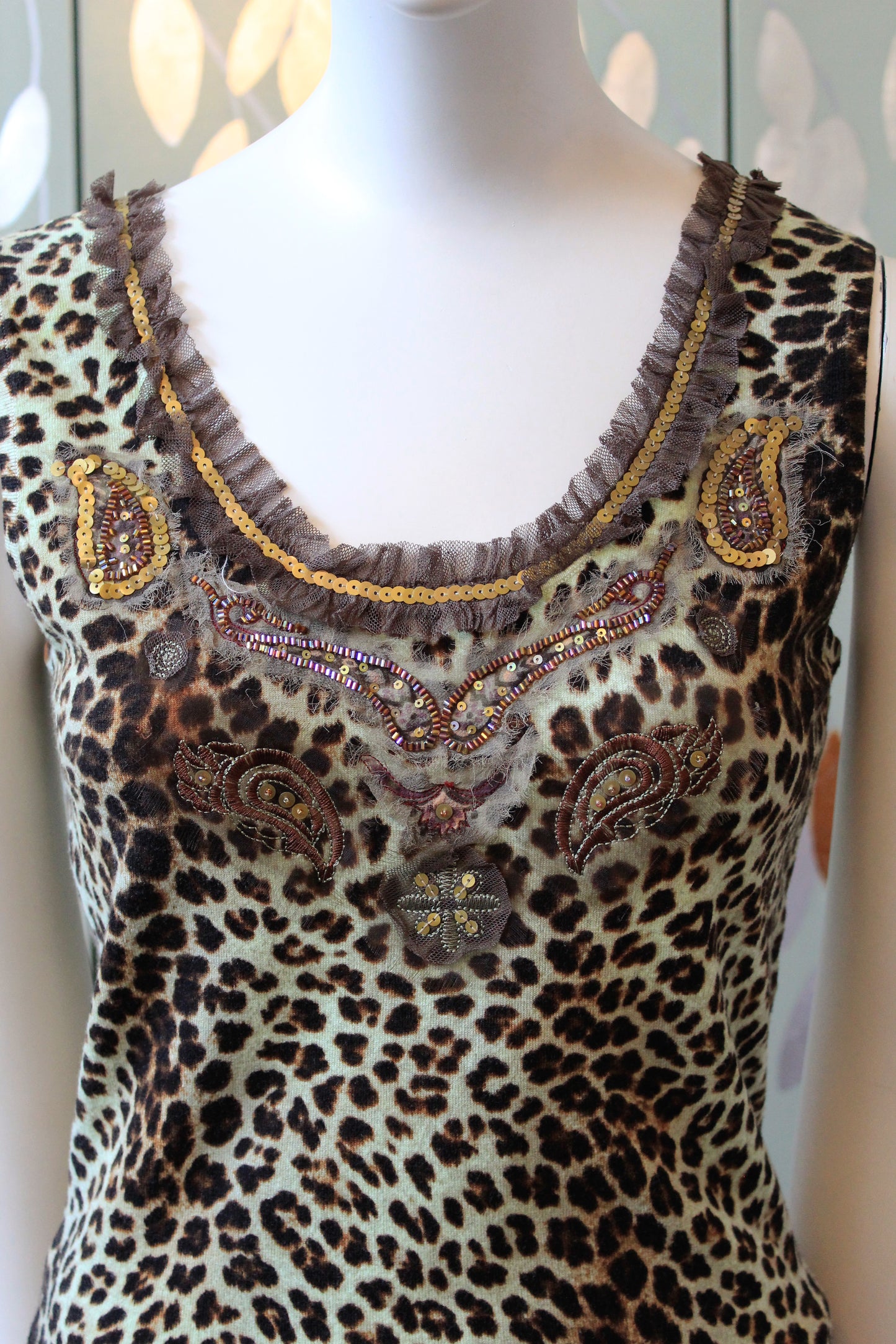 Early 2000s Leopard Print Beaded Tank Top And Cardigan Set, Medium 