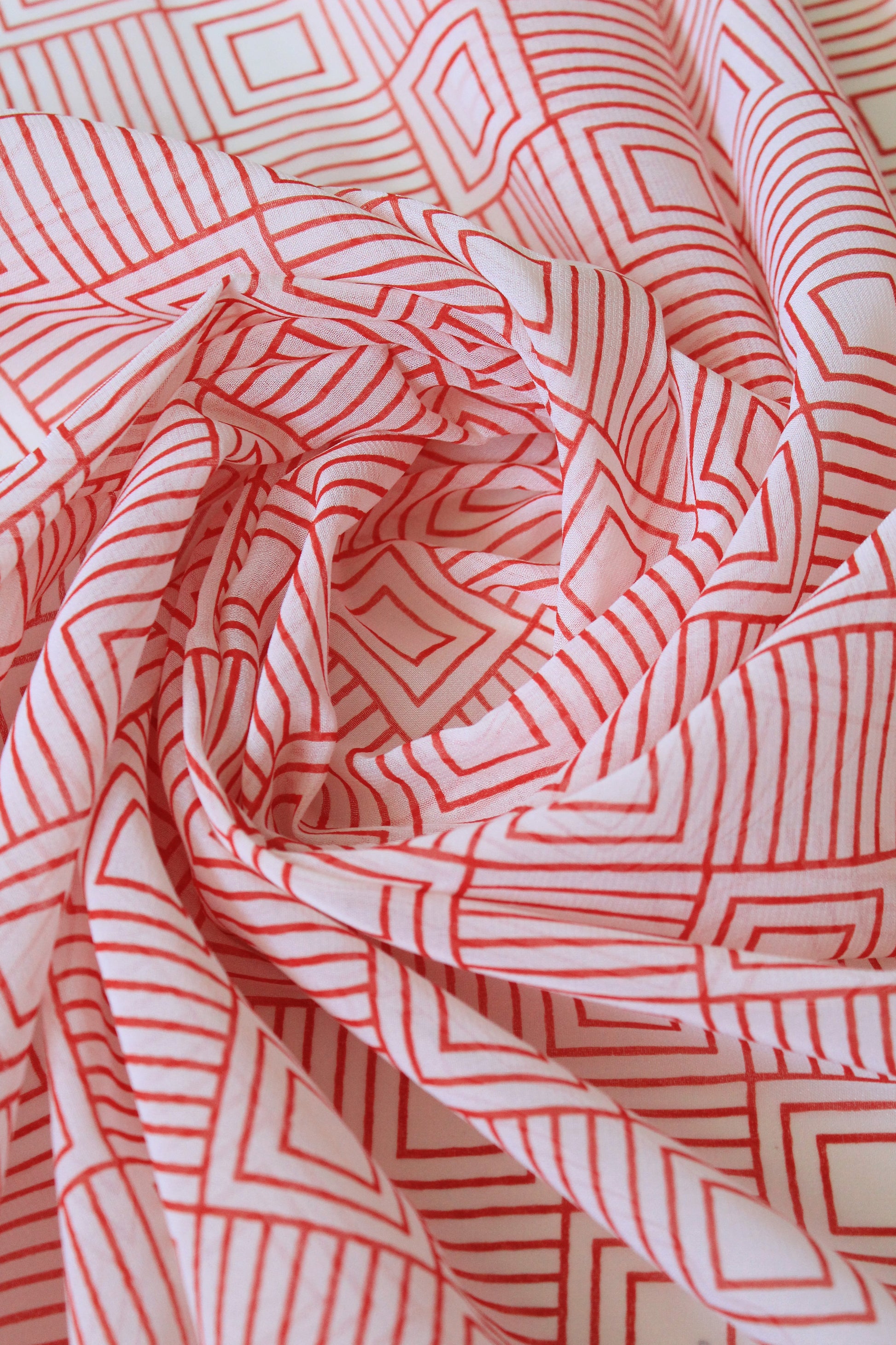 1920s White And Red Geometric Square Print Fabric, 4.4 Yards