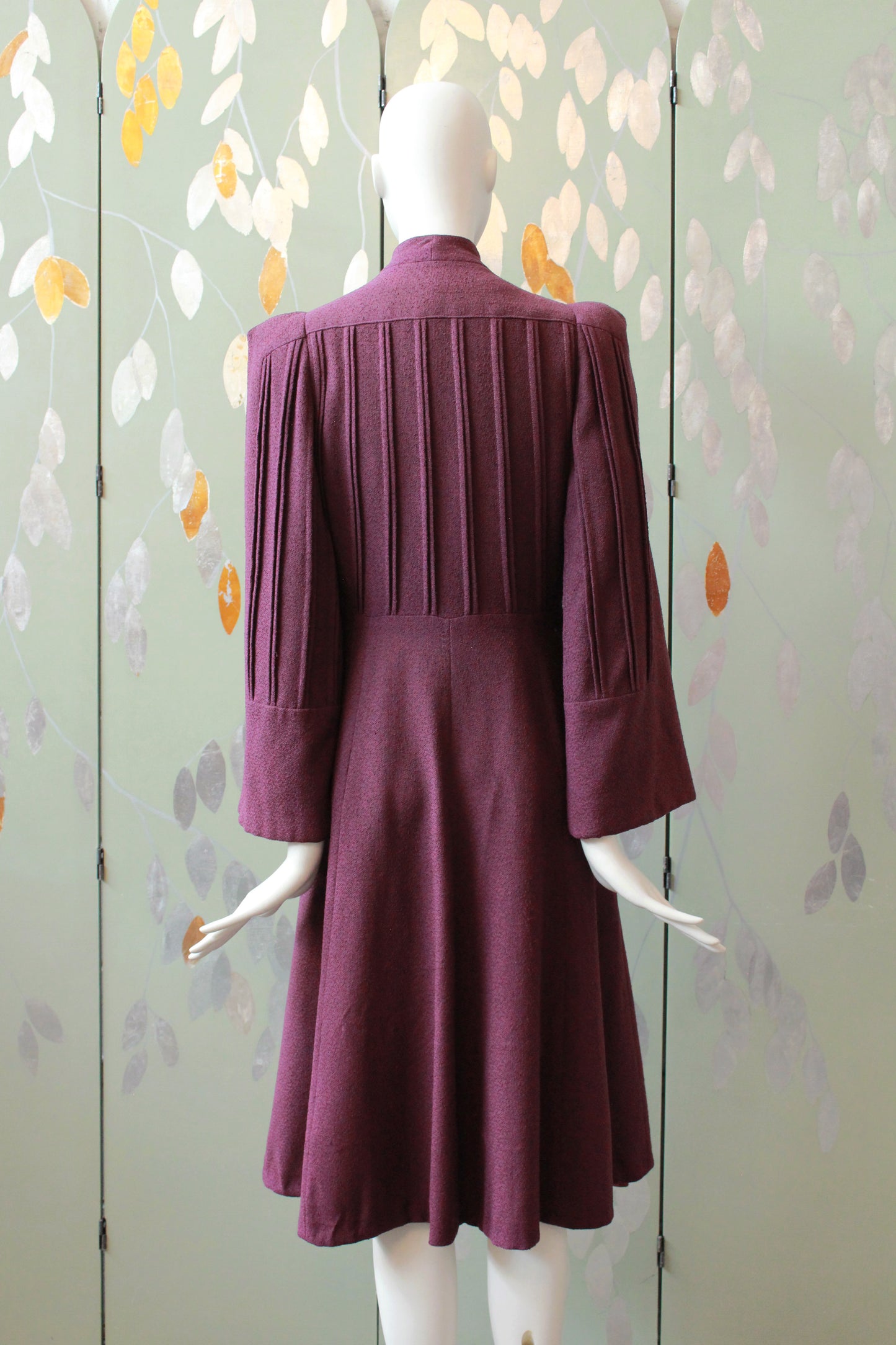 1940s Plum Flared Coat With Pleating And Bell Sleeves , Small 