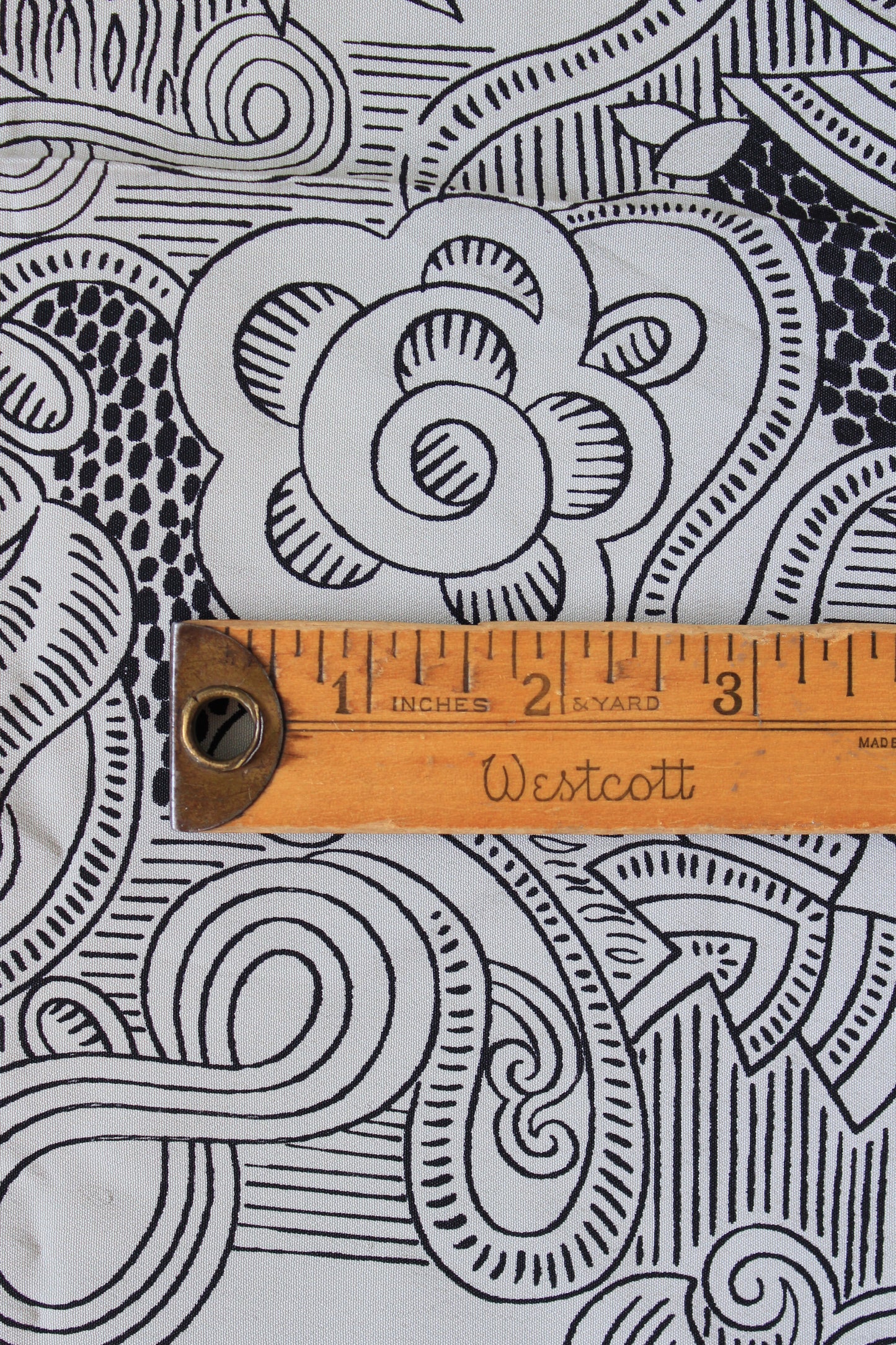 1940s Black And White Illustrated Swirl Print Rayon Sewing Fabric, 4.1 Yards