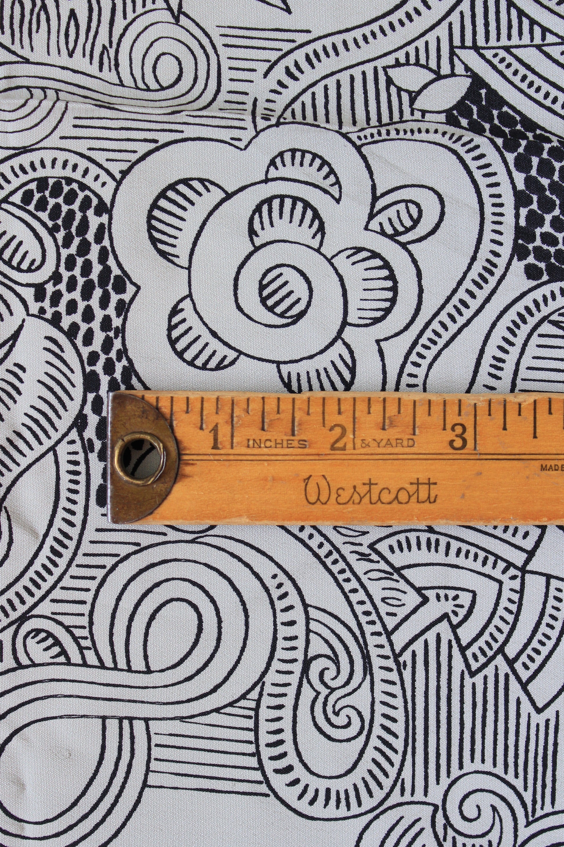 1940s Black And White Illustrated Swirl Print Rayon Sewing Fabric, 4.1 Yards