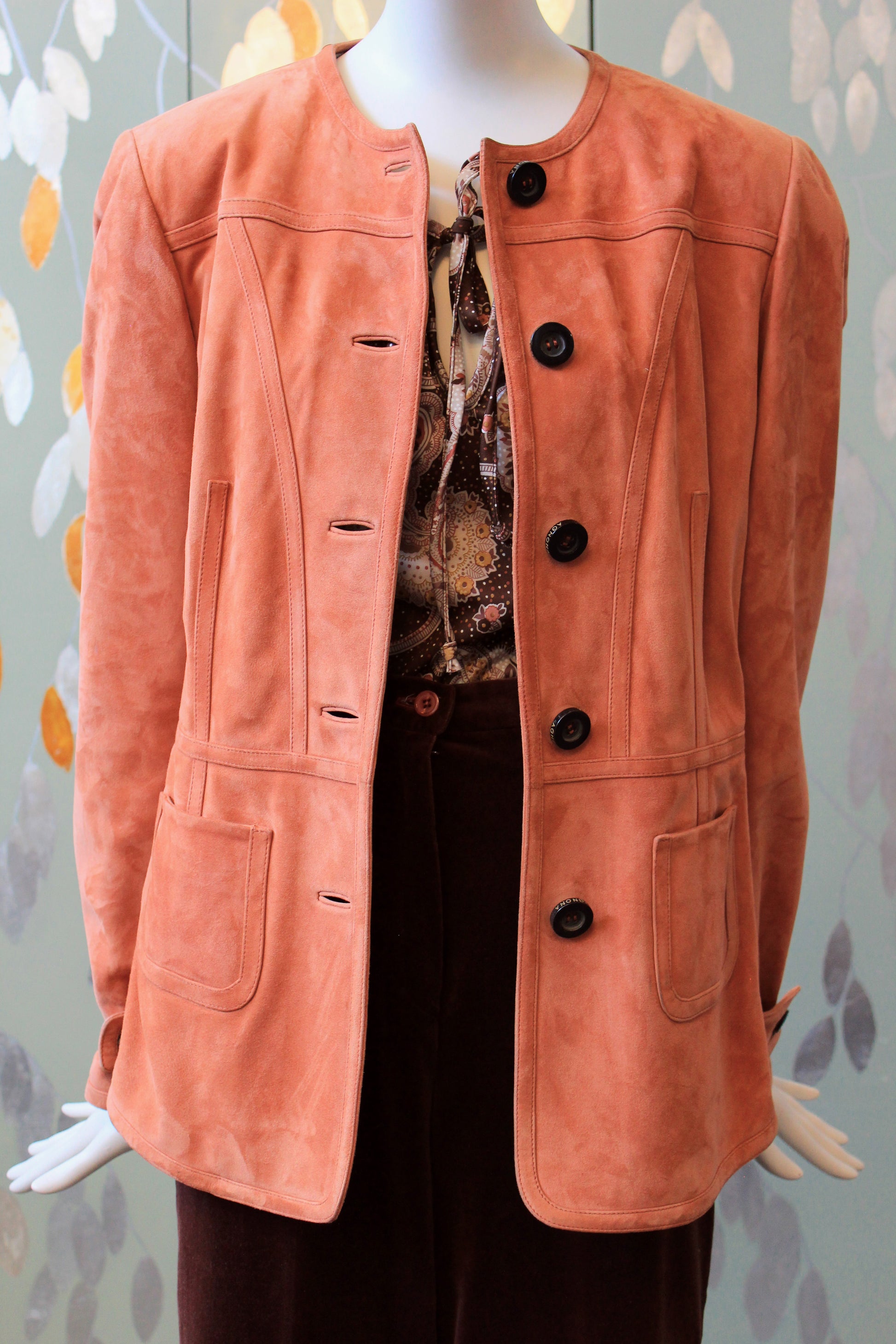 1990s/2000s Agnona Orange Suede Leather Jacket With Black Buttons, Small/Medium