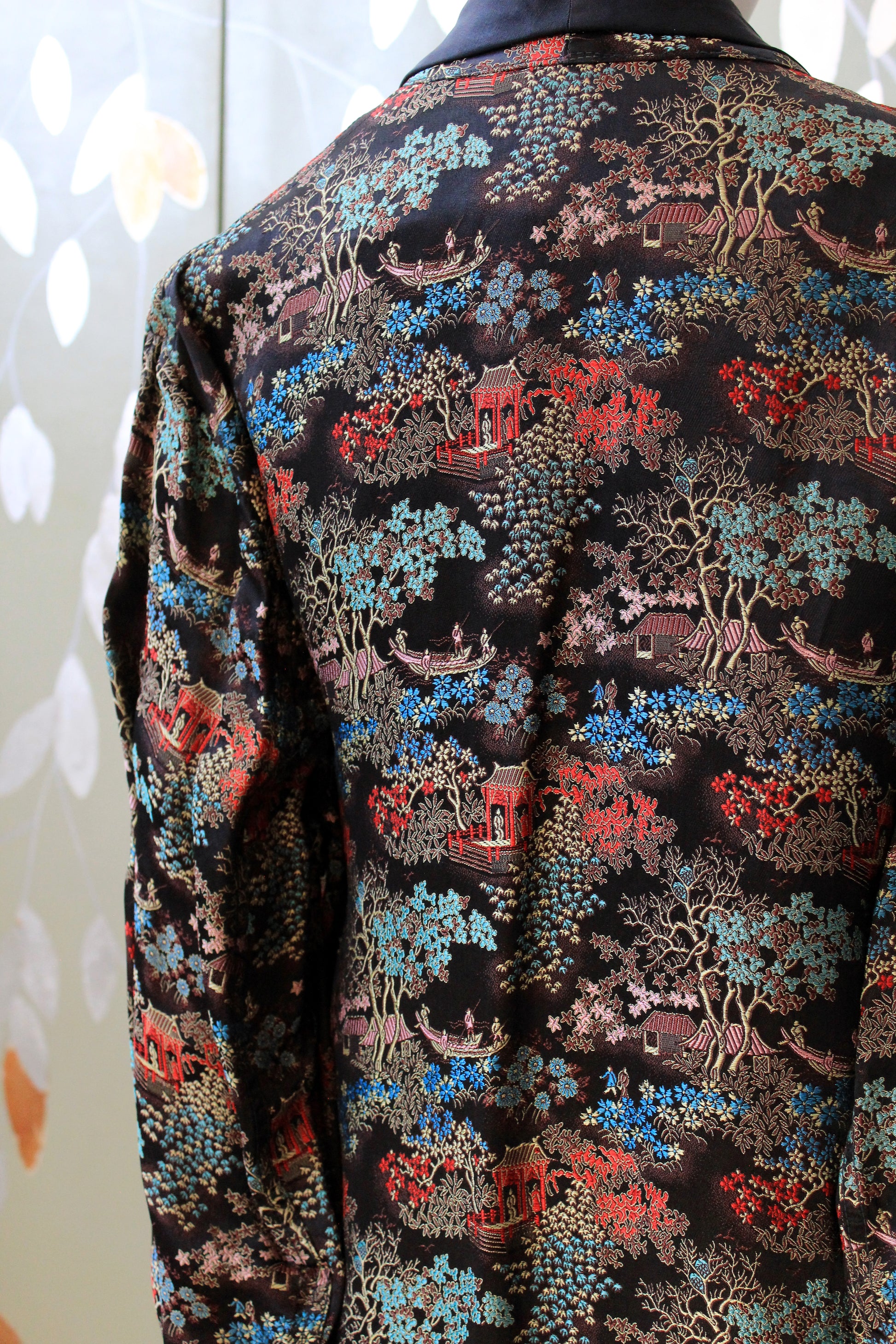 1950s Black Silk Robe With Chinese Flowers Motif, Medium