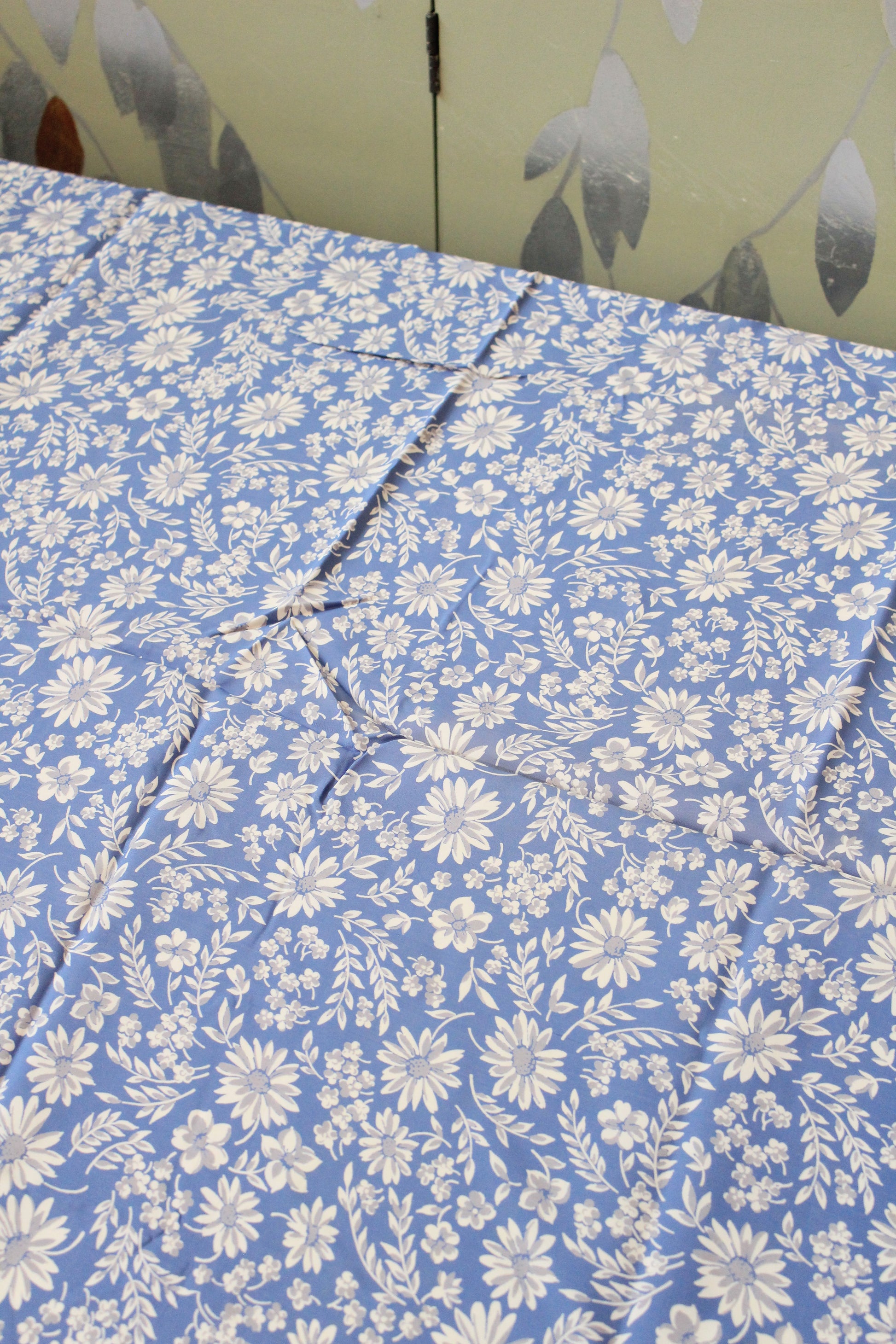 1940s Medium Blue And White Floral Rayon Fabric, 3 Yards