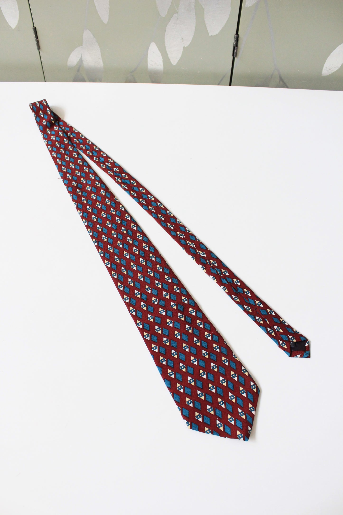1990s Liberty Of London Burgundy Diamond Silk Designer Tie