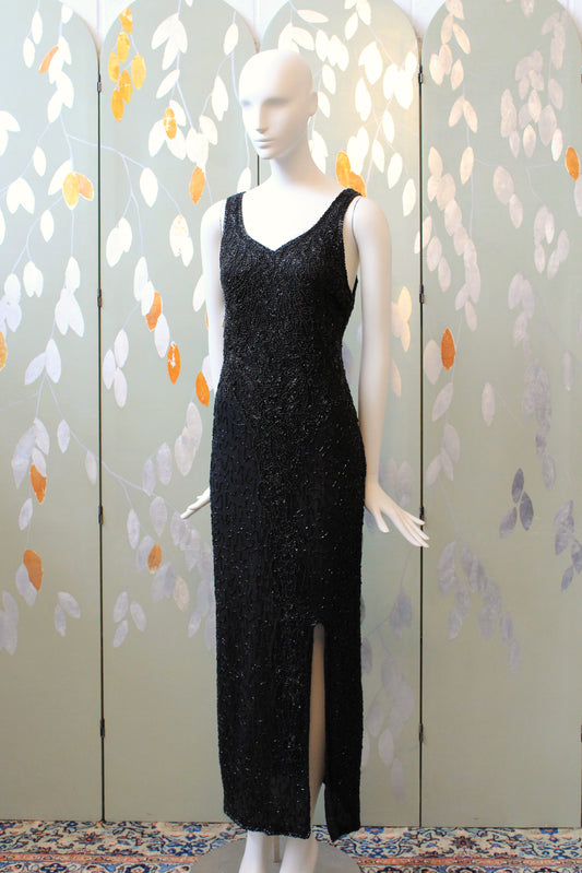 Vintage 1990s Beaded Silk Evening Gown With Slit, M
