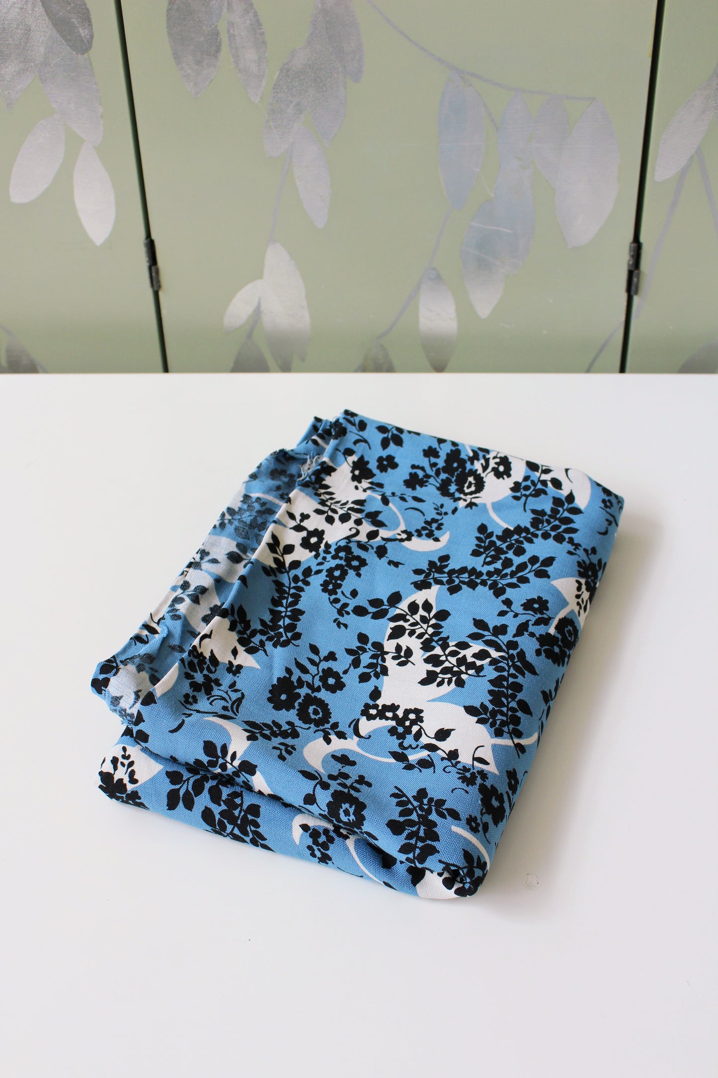 1950s Black and Medium Blue Silhouette Leaves And Flowers, Cotton/Rayon Fabric,  4 Yards