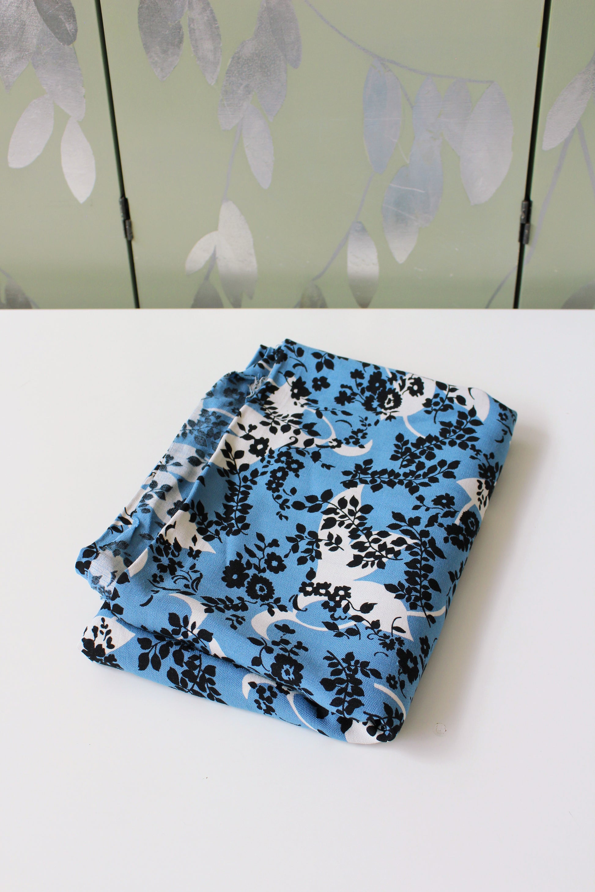 1950s Black and Medium Blue Silhouette Leaves And Flowers, Cotton/Rayon Fabric,  4 Yards