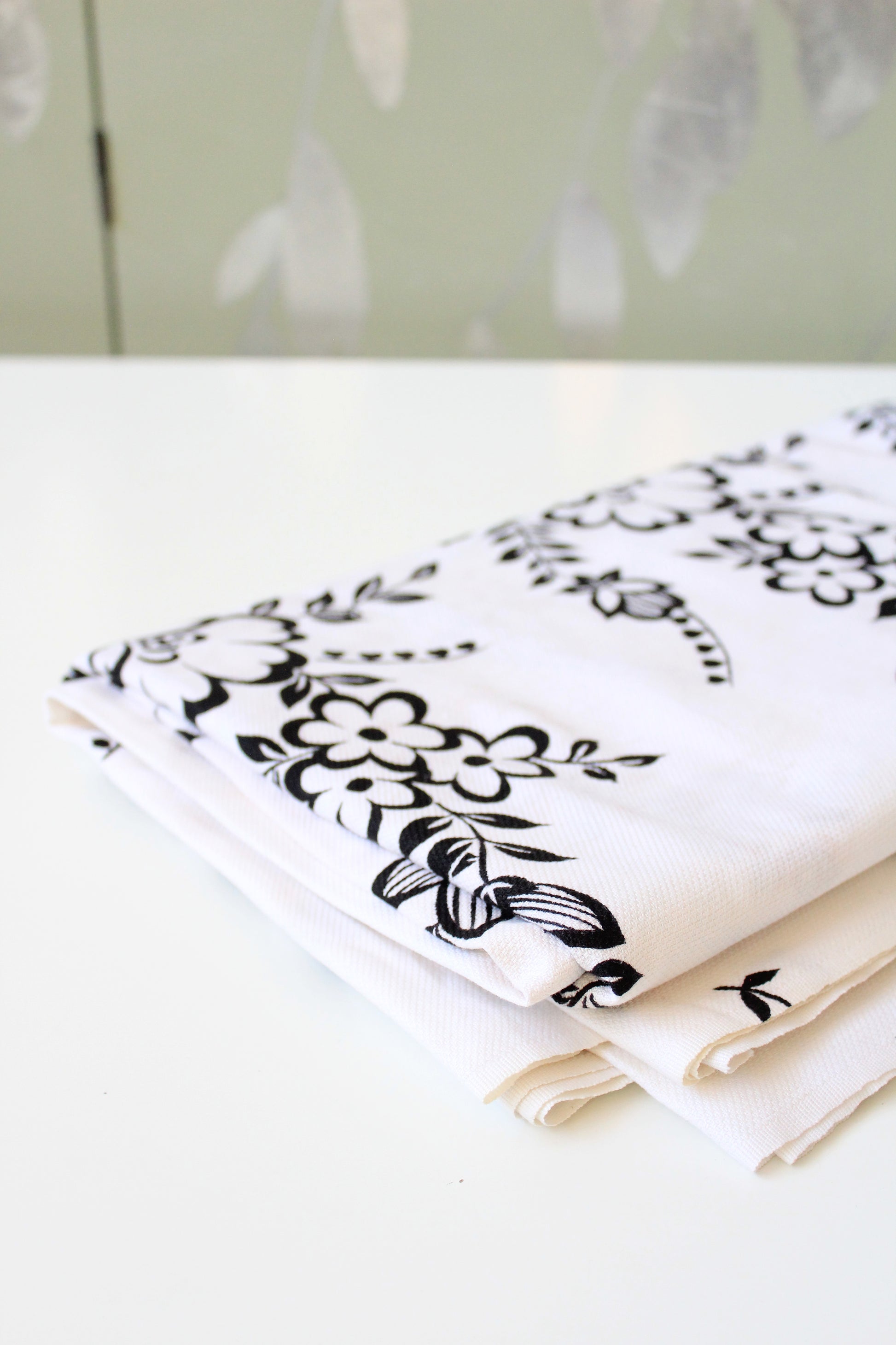 1980s Black And White Large Illustrated Floral Border Print Fabric, 3.9 Yards