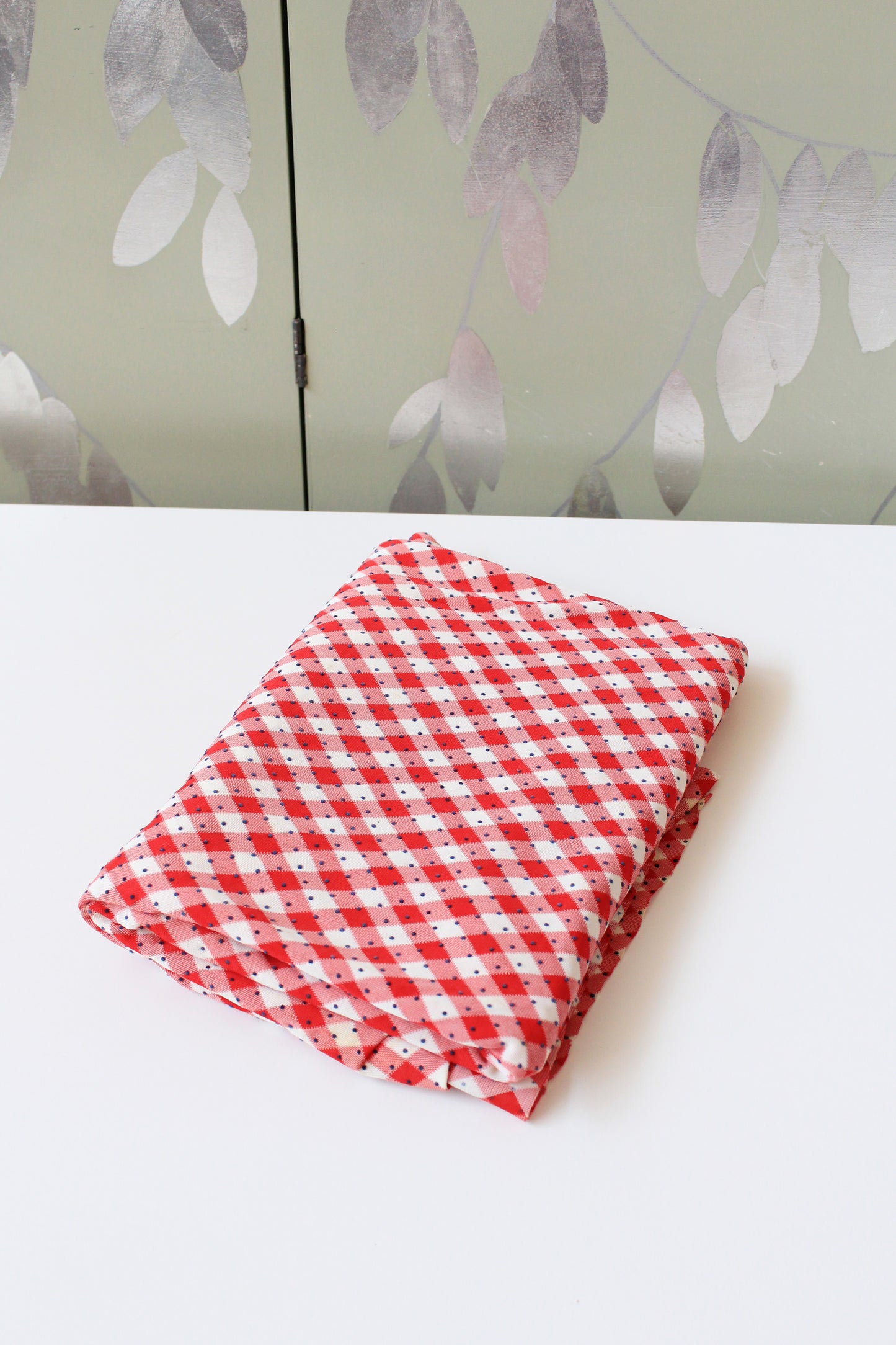 1960s Red And White Checkered Plaid With Blue Polka Dots Nylon Vintage Print Fabric, 3.8 Yards