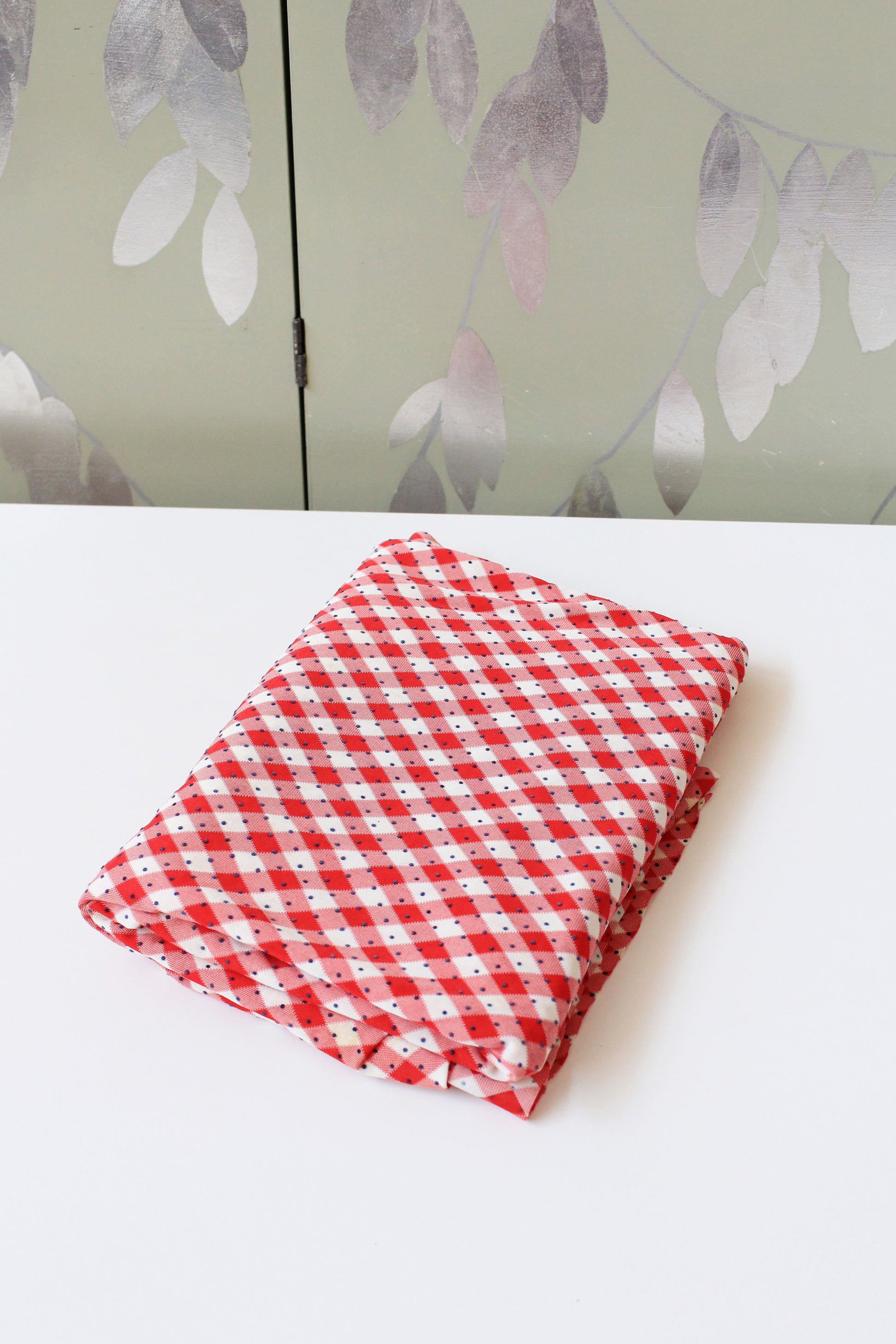 1960s Red And White Checkered Plaid With Blue Polka Dots Nylon Vintage Print Fabric, 3.8 Yards