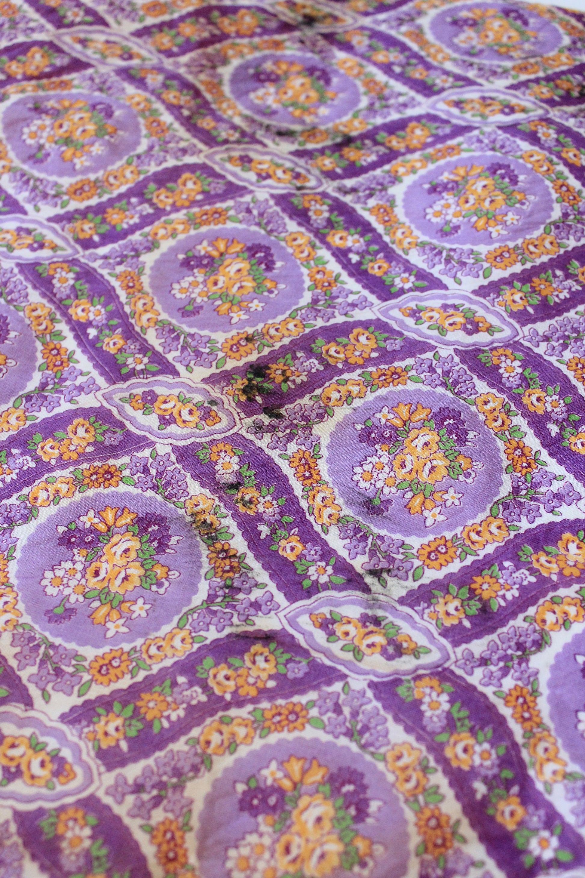 1930s Purple Cotton Sewing Fabric With Orange Flowers , 3.4 Yards