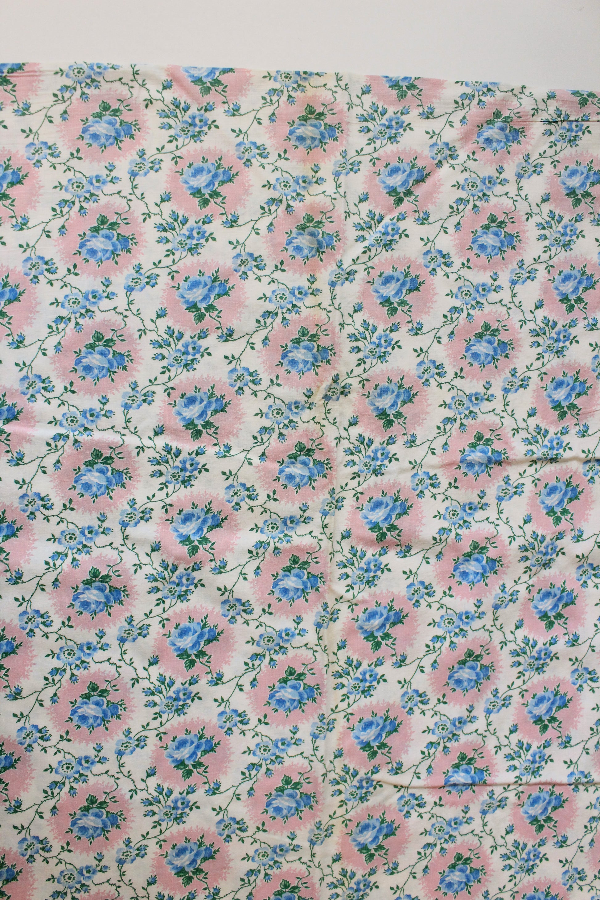 1950s Light Blue And Pink Floral Cotton Duvet Cover, 4.4 Yards Of Fabric