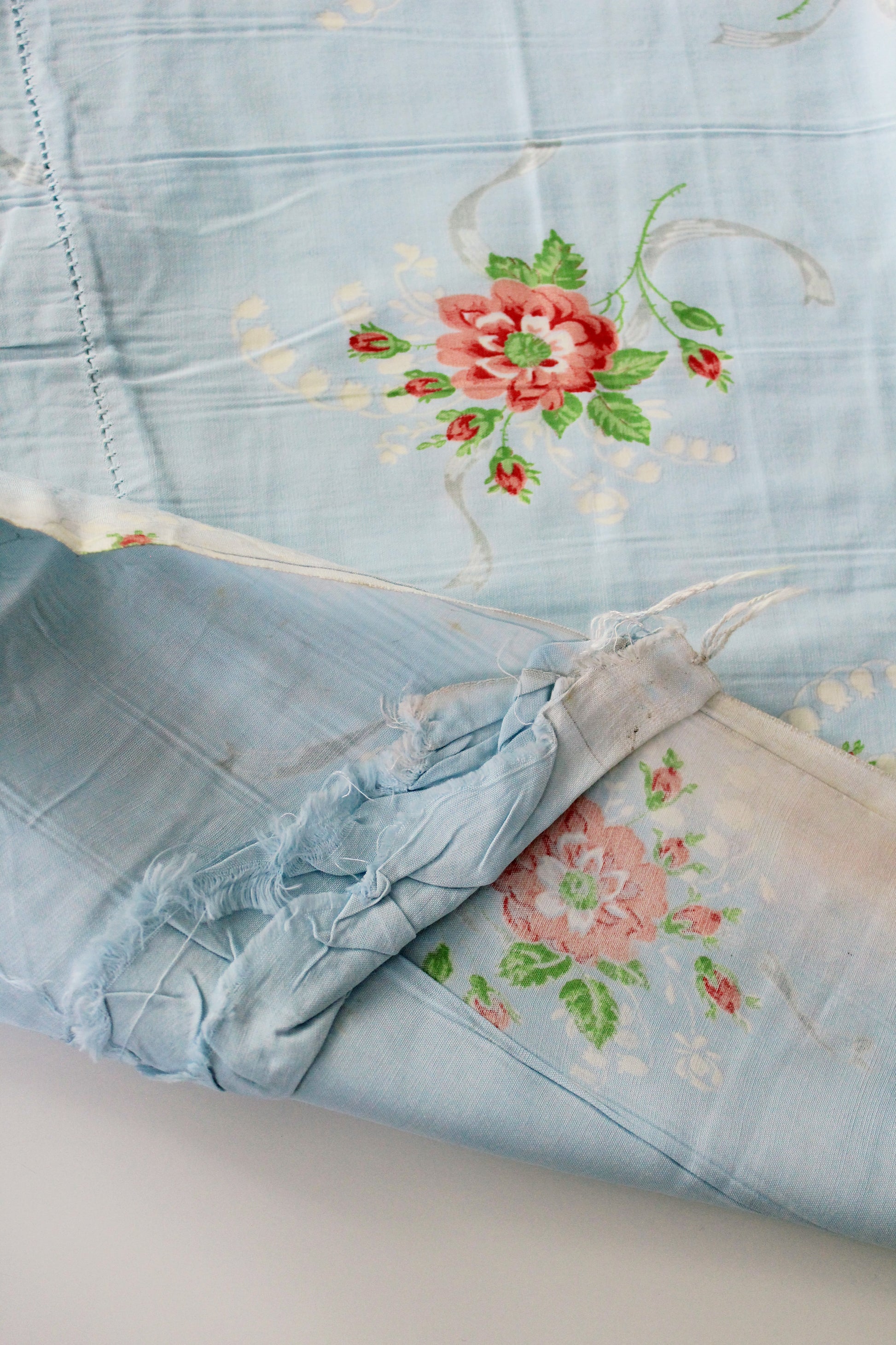 1940s Light Blue Cotton Fabric With Pink Flowers, 9 Yards