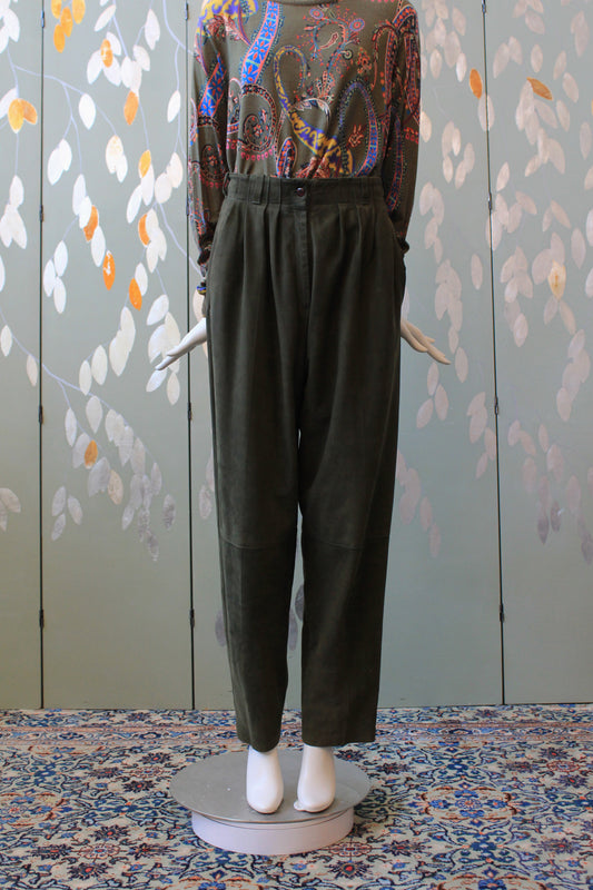 1980s Leather Paperbag Style Pants In Olive Green, Medium