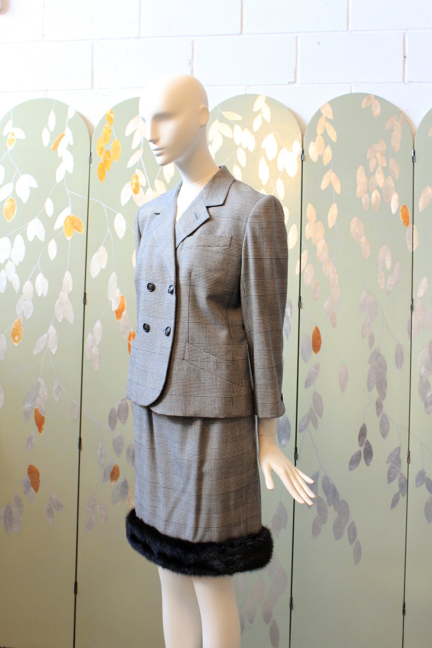 1990s Lily Simon 3PC Houndstooth Fur Trim Skirt Set With Scarf, Small