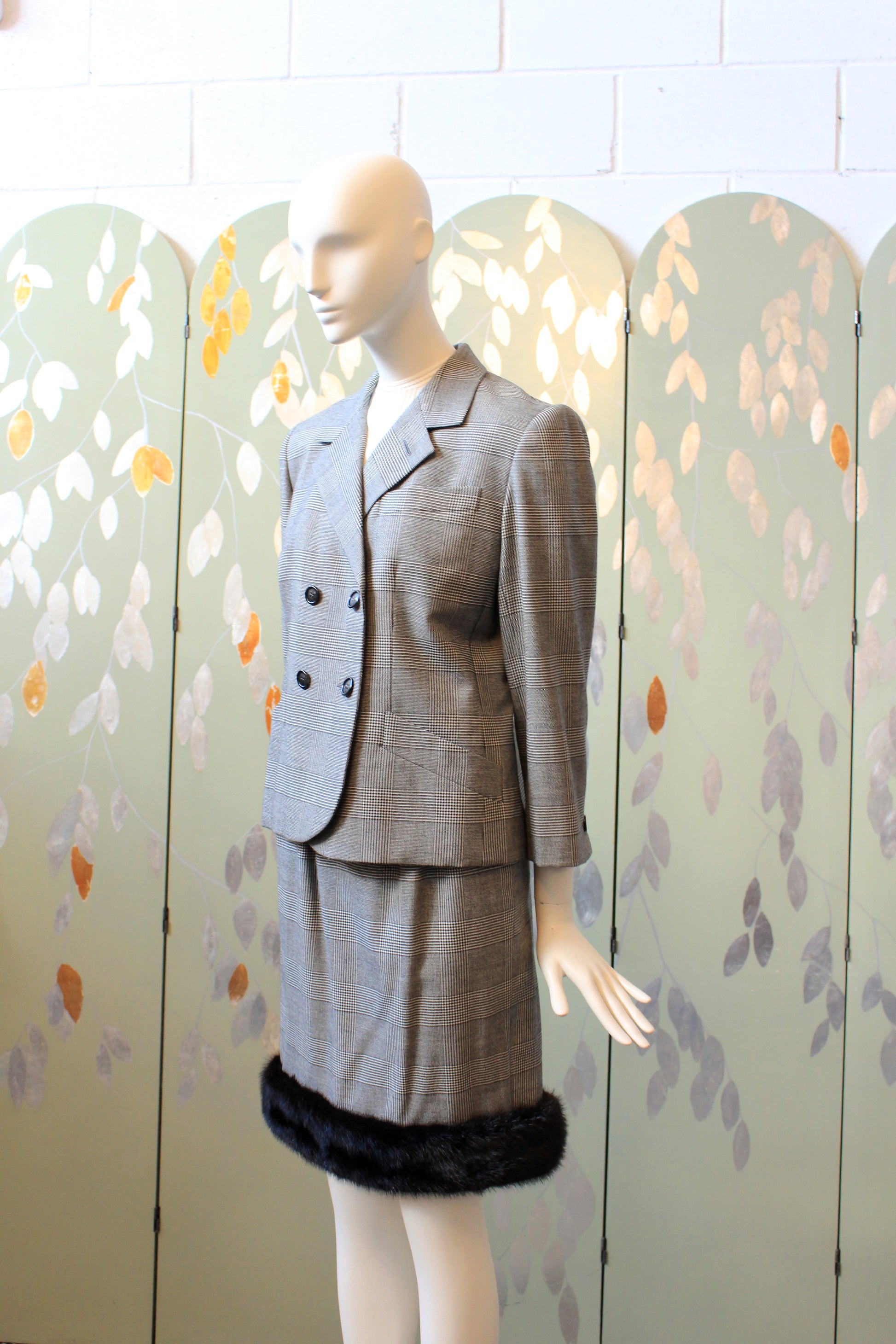 1990s Lily Simon 3PC Houndstooth Fur Trim Skirt Set With Scarf, Small