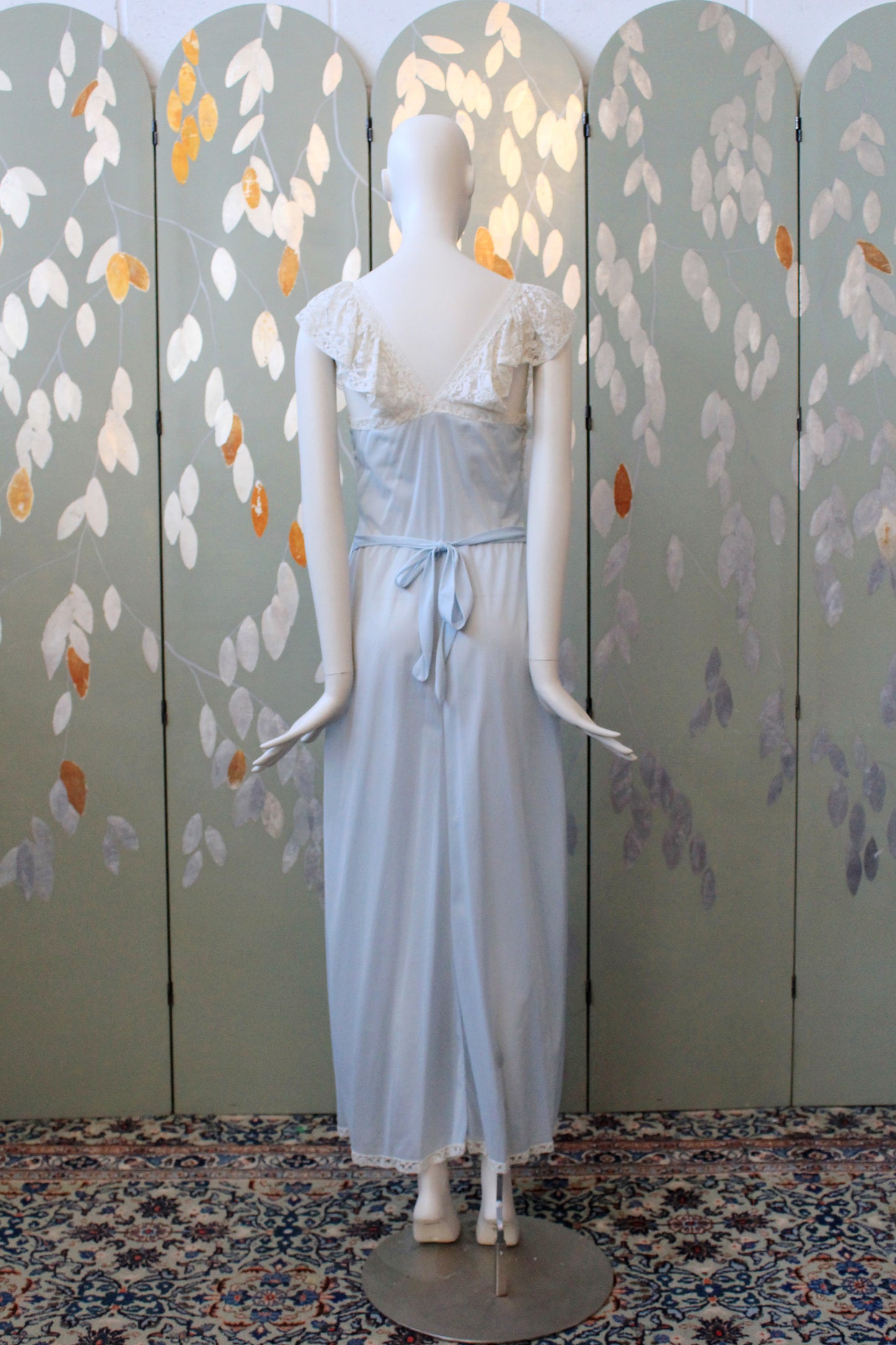 1950s Light Blue Ankle Length Nightgown With Lace Trim, Small