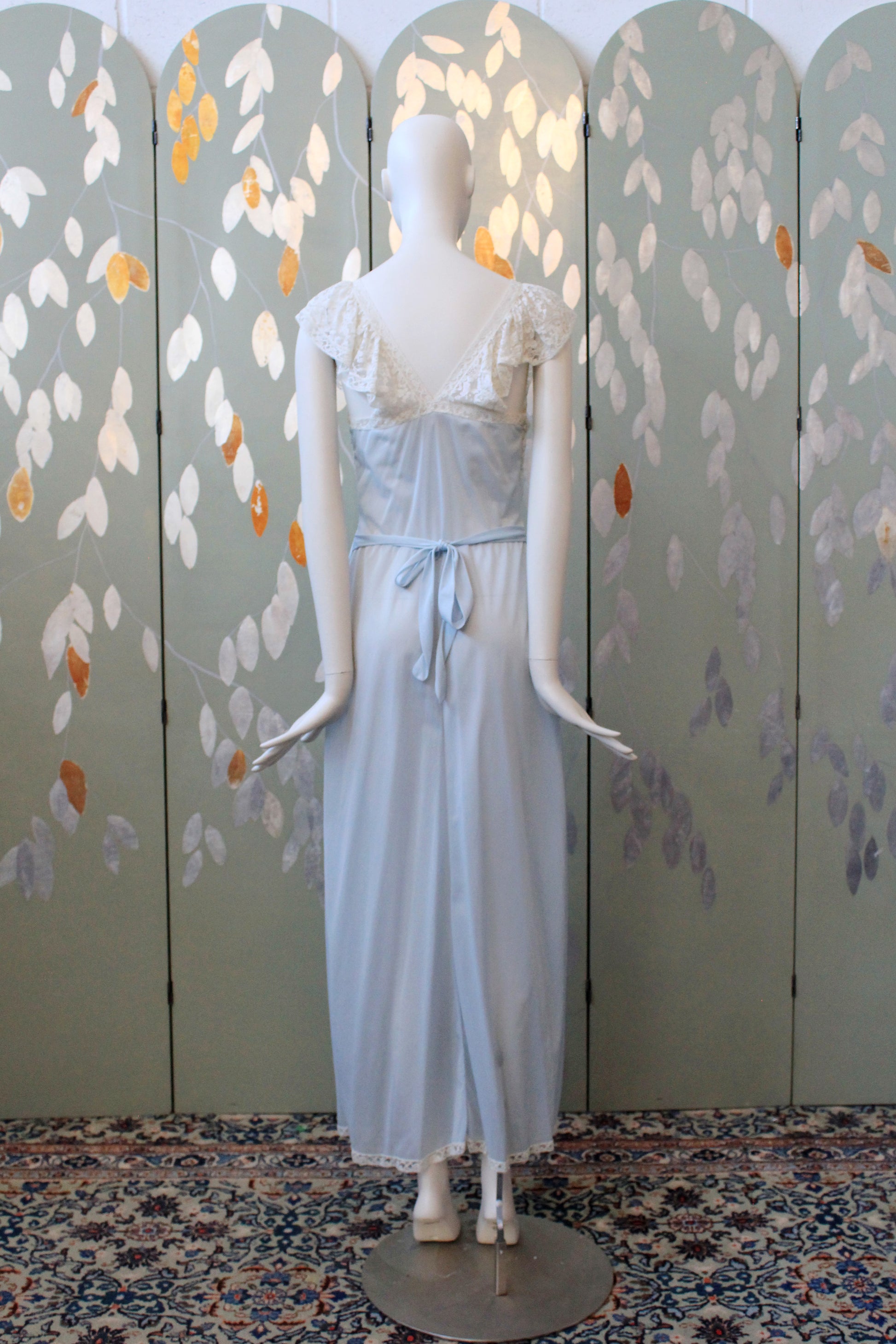 1950s Light Blue Ankle Length Nightgown With Lace Trim, Small