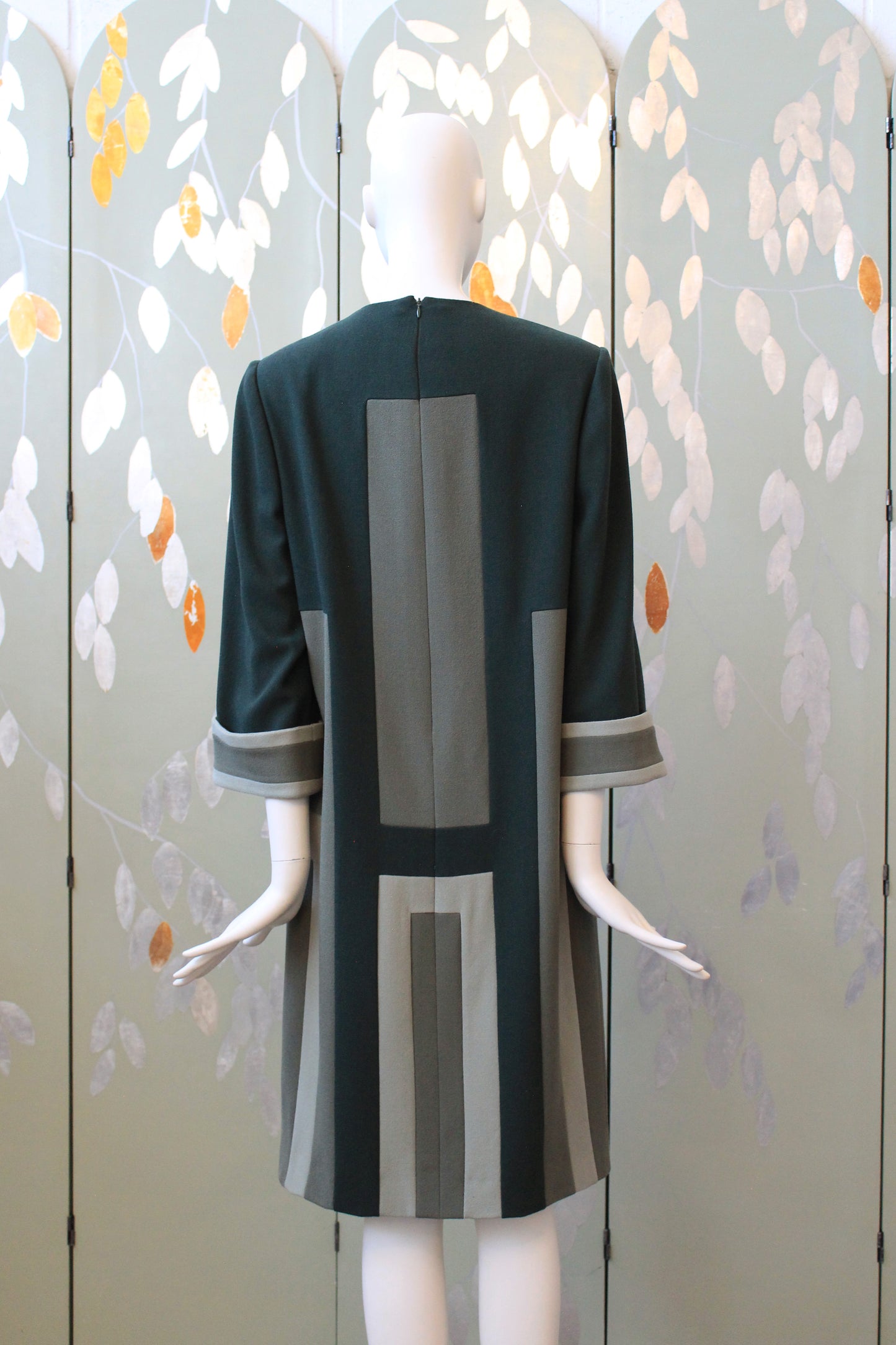 1980s Olive Green And Black Geometric Shift Dress, Medium