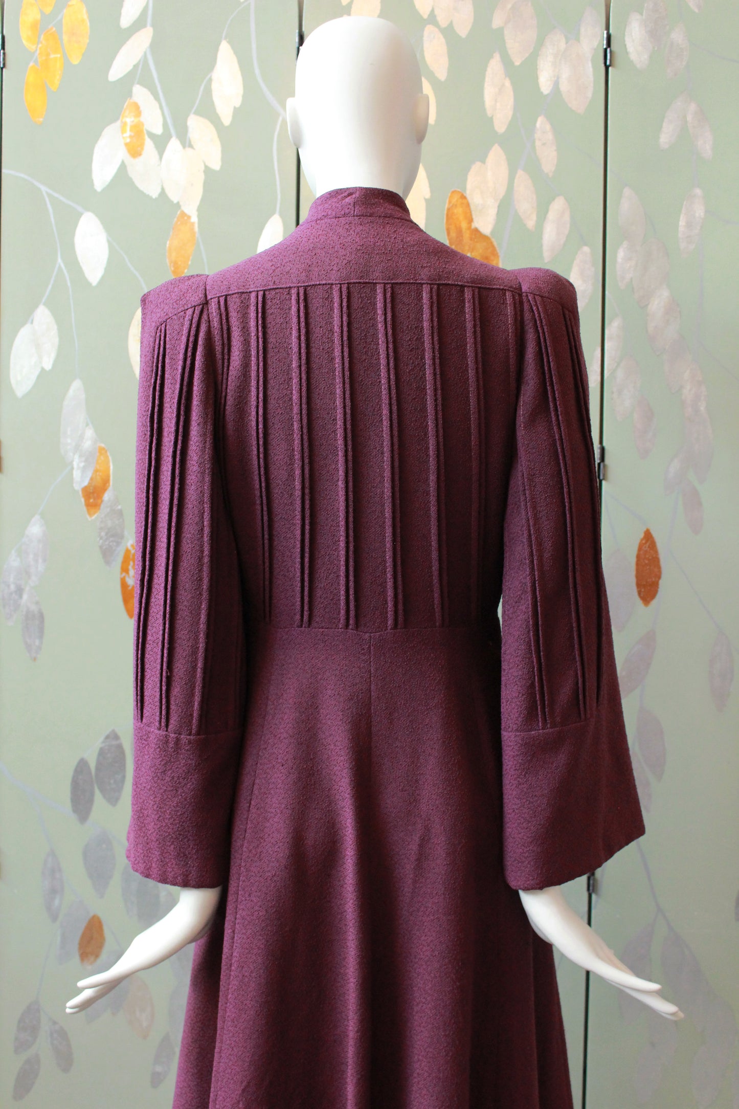1940s Plum Flared Coat With Pleating And Bell Sleeves , Small 