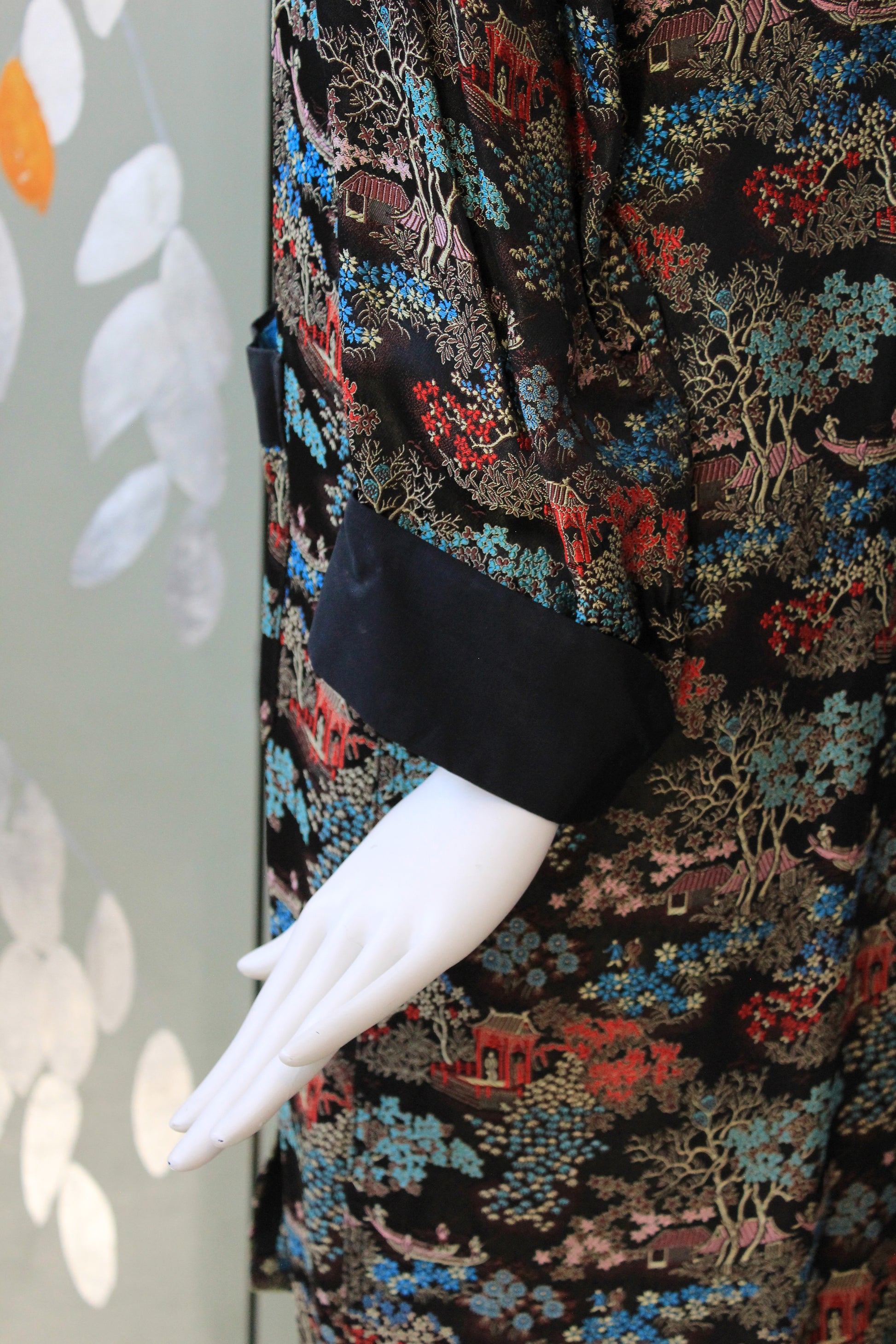 1950s Black Silk Robe With Chinese Flowers Motif, Medium